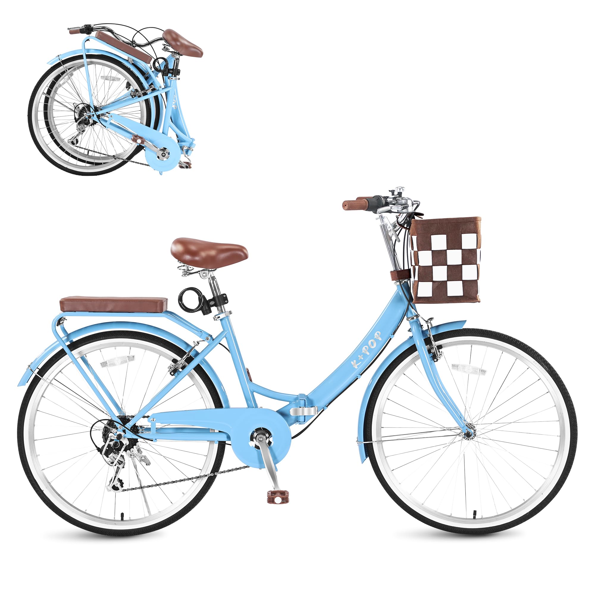Foldable Beach Cruiser Bike for Women, 24/26 Inch Bikes for Women, 7 Speed Commute Bike with Basket Adult Womens Bicycles, City Commuting's Bicycle, Dual V-Brake, Multiple Colors