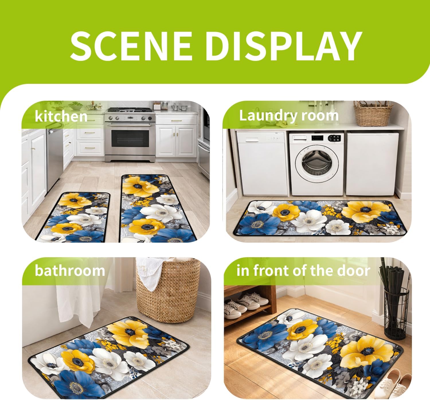 Kitchen Rugs Set of 2 (17" x 47" + 17" x 30"), Cushioned Kitchen Floor Mats, Non-Slip Comfortable Standing Pads for Kitchen, Sink, Bathroom & Laundry Room