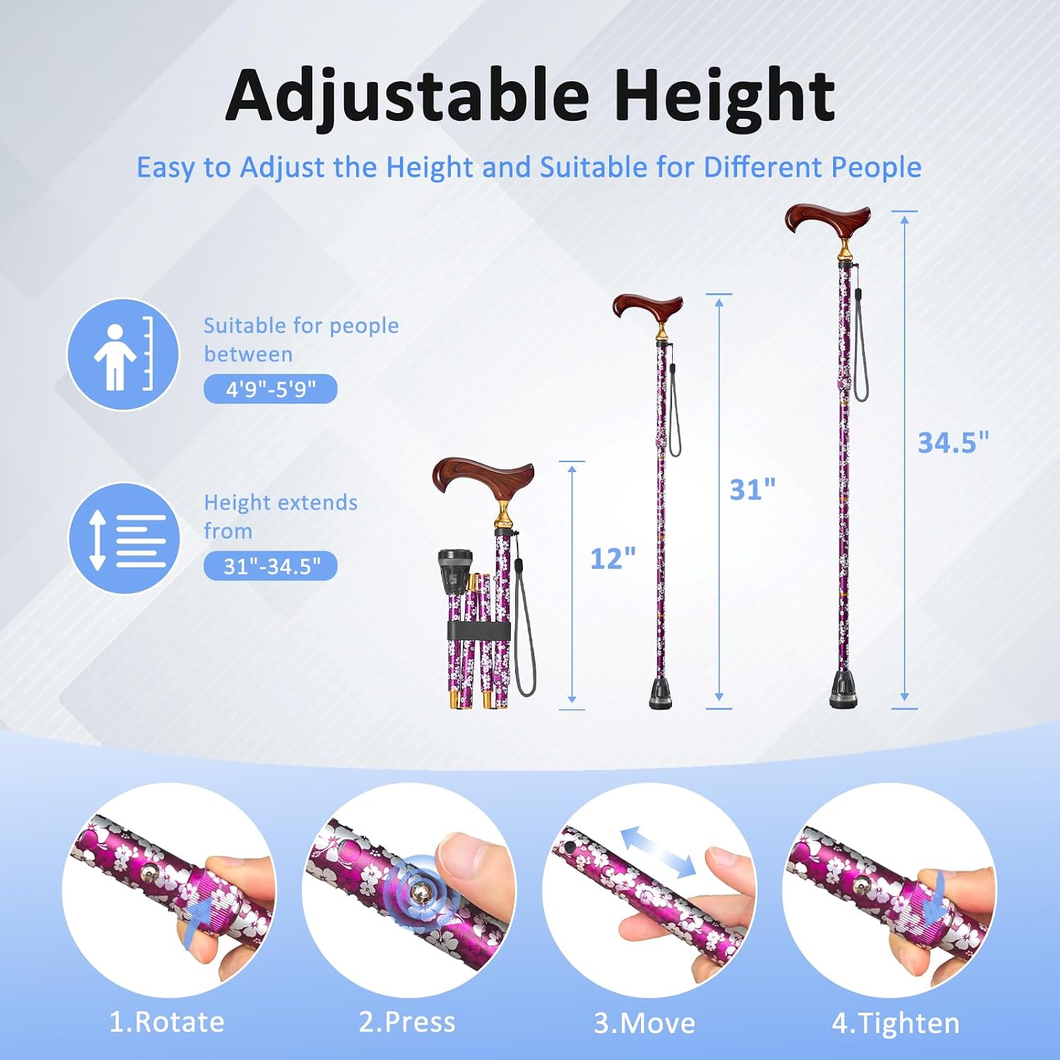Rehand Walking Cane for Women & Men - 5 Level Adjustable Height，Foldable，Lightweight，Floral，Wooden Handle ，Collapsible Walking Sticks for Seniors & Adults