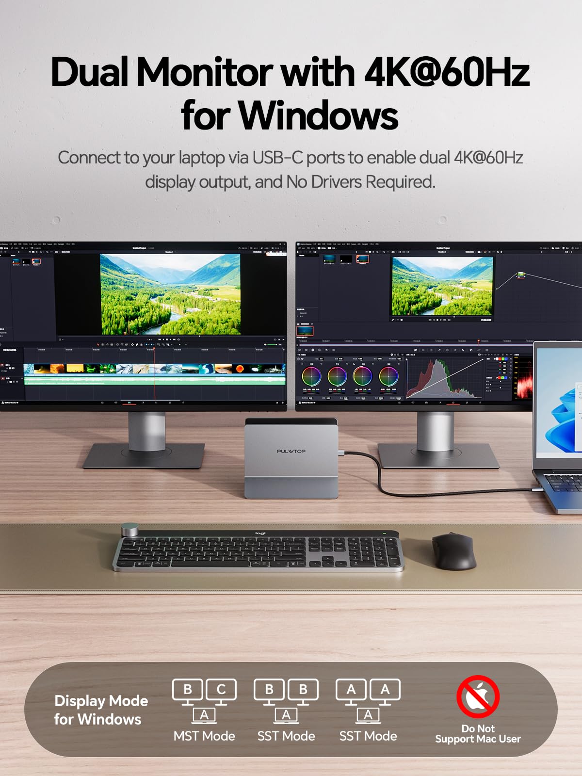 11-in-1 USB C Docking Station Doppio Monitor, Supporto Verticale per Laptop con 2xHDMI 4K 60Hz, 3xUSB A/C 10 Gbps, 2xUSB A 5 Gbps, USB A 2.0, Ethernet, PD3.0【Solo per laptop Windows】
