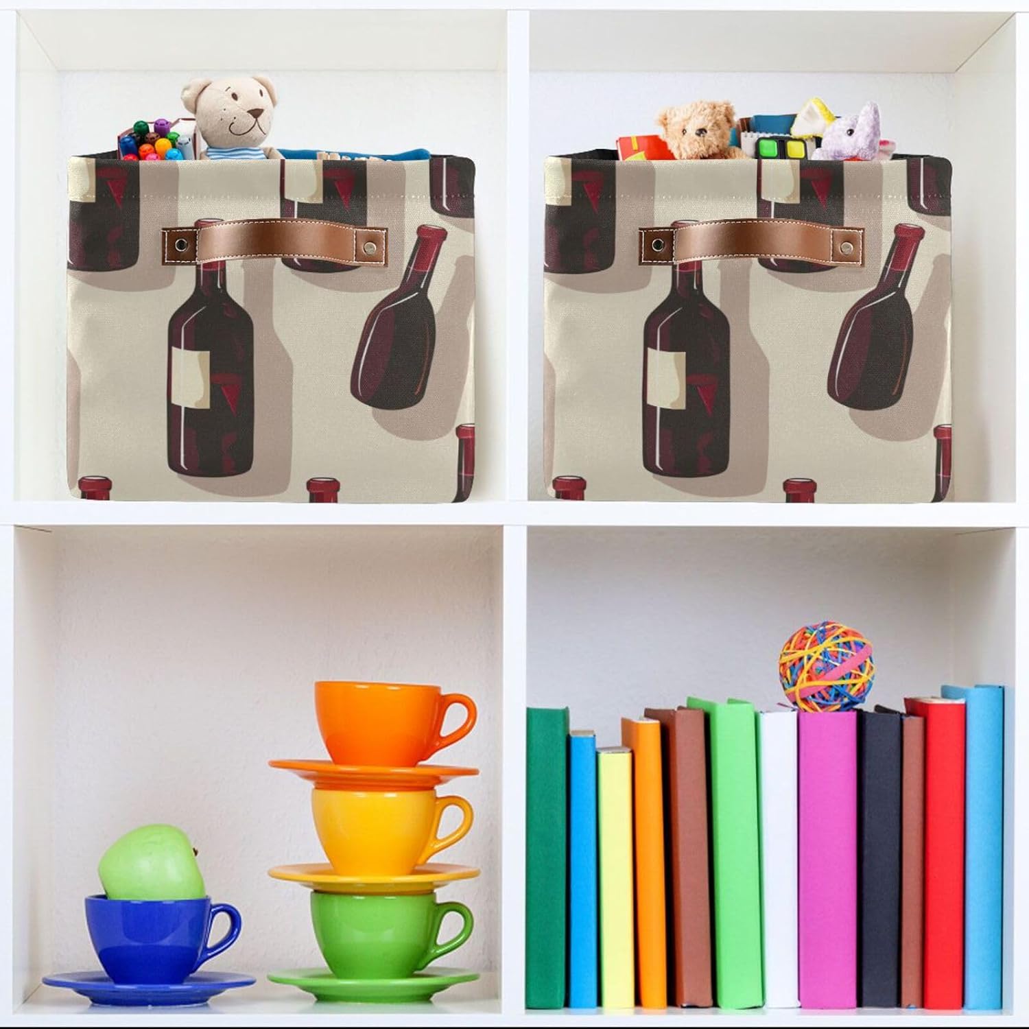 ALAZA Decorative Basket Rectangular Storage Bin, Red Wine Bottle Seamless Organizer Basket with Leather Handles for Home Office
