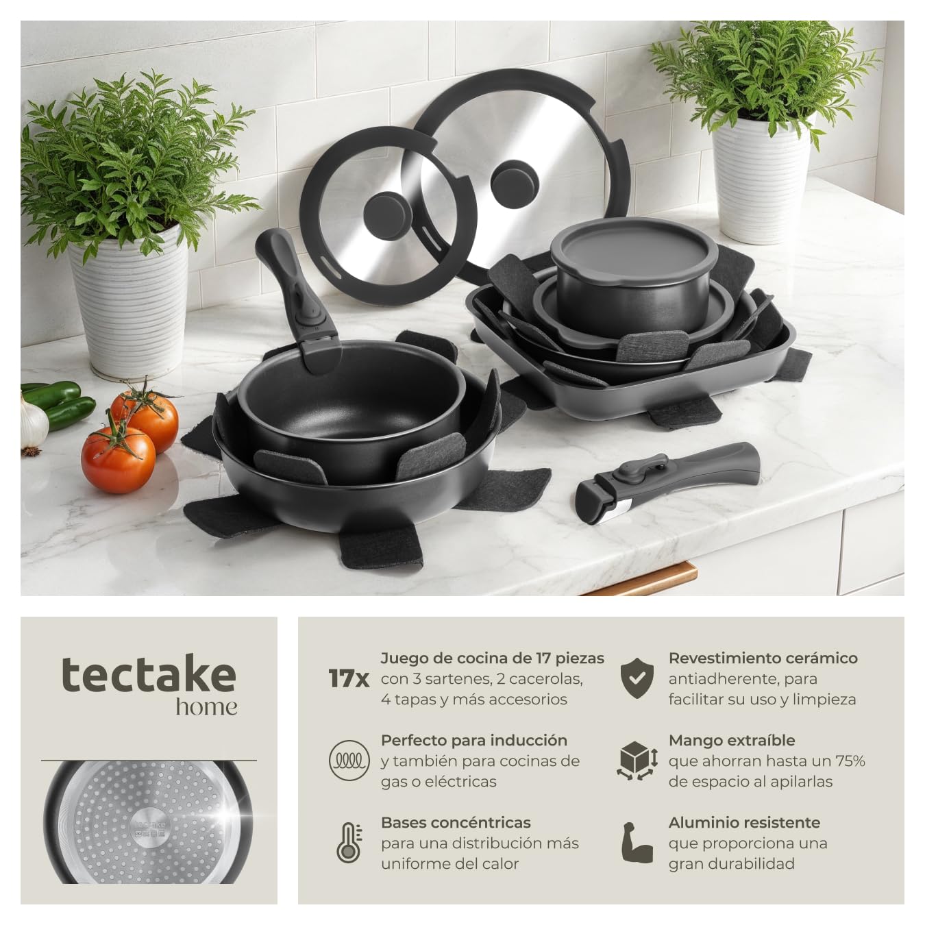 tectake® Juego de Cocina 17 Piezas, Sartenes Antiadherentes, Ollas Cocina Aptas para Inducción, Juego Sartenes con Asas Desmontables, Olla, Cacerola, Sarten - Negro