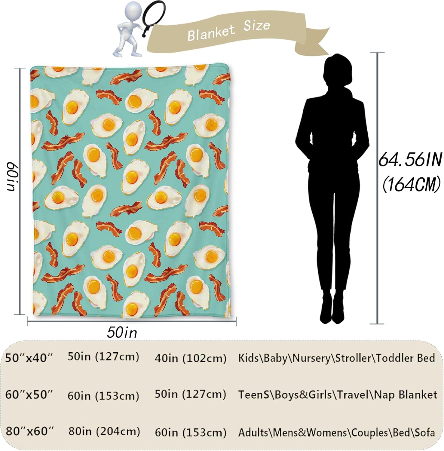 Fried Egg & Bacon Breakfast Blanket, Soft Lightweight Flannel Throw Blanket for Couch, Bed, Travel, Living Room & Home Decor, Cozy Warm Fuzzy Blankets for Adults Kids Women Girls 60×50 in