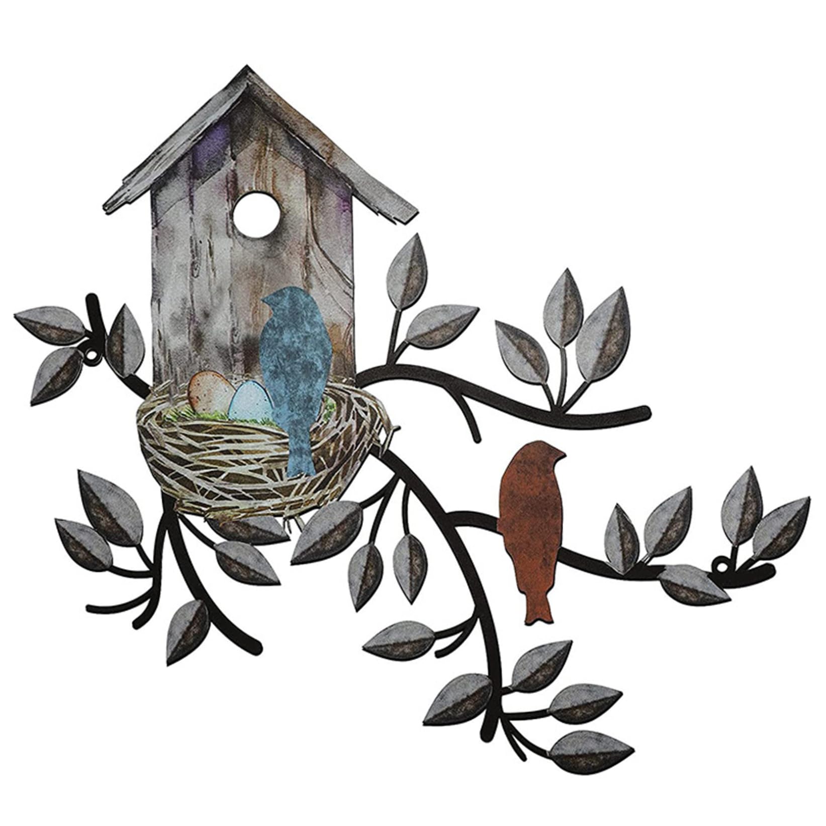 Nukinp Bird Wall Decor, 11.8x10.6in Metal Tree with Birdhouse, Hanging Metal Wall Art, Vintage Decor for Outside Indoor Garden Yard Fence Park