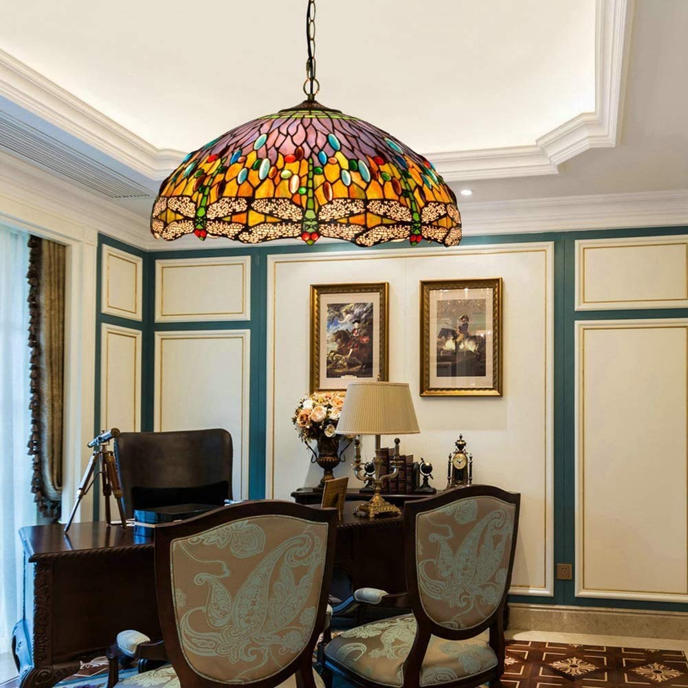 Tiffany Techo de Cristal lámpara Colgante 46cm Tiffany luz Estilo libélula Verde salón-Comedor Bar lámpara Colgante de Techo de Cristal