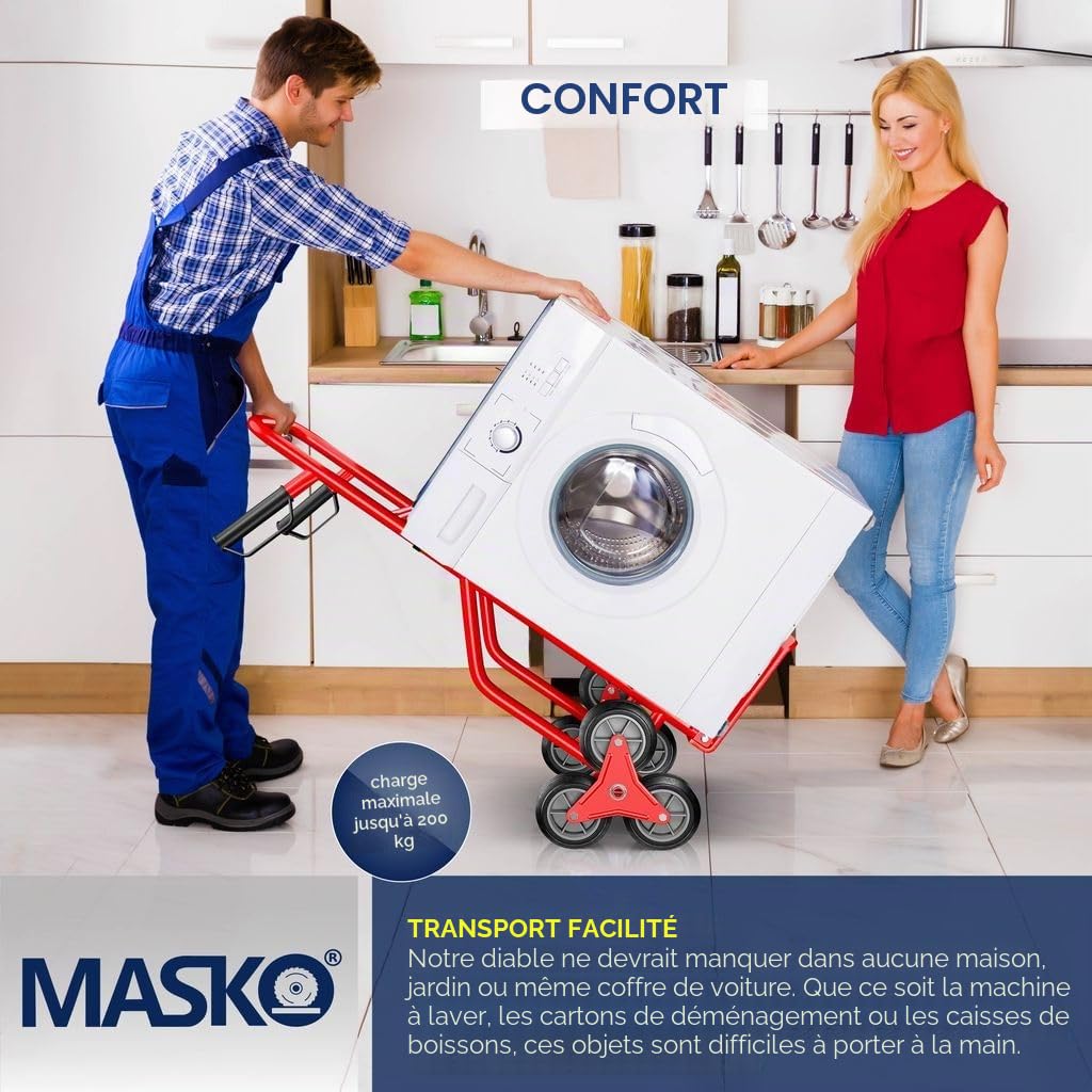 MASKO® Diable pour escaliers Diable 200kg, Pliable Pneus en Caoutchouc Dur | Poignées en Plastique | Cadre en Acier - Rouge