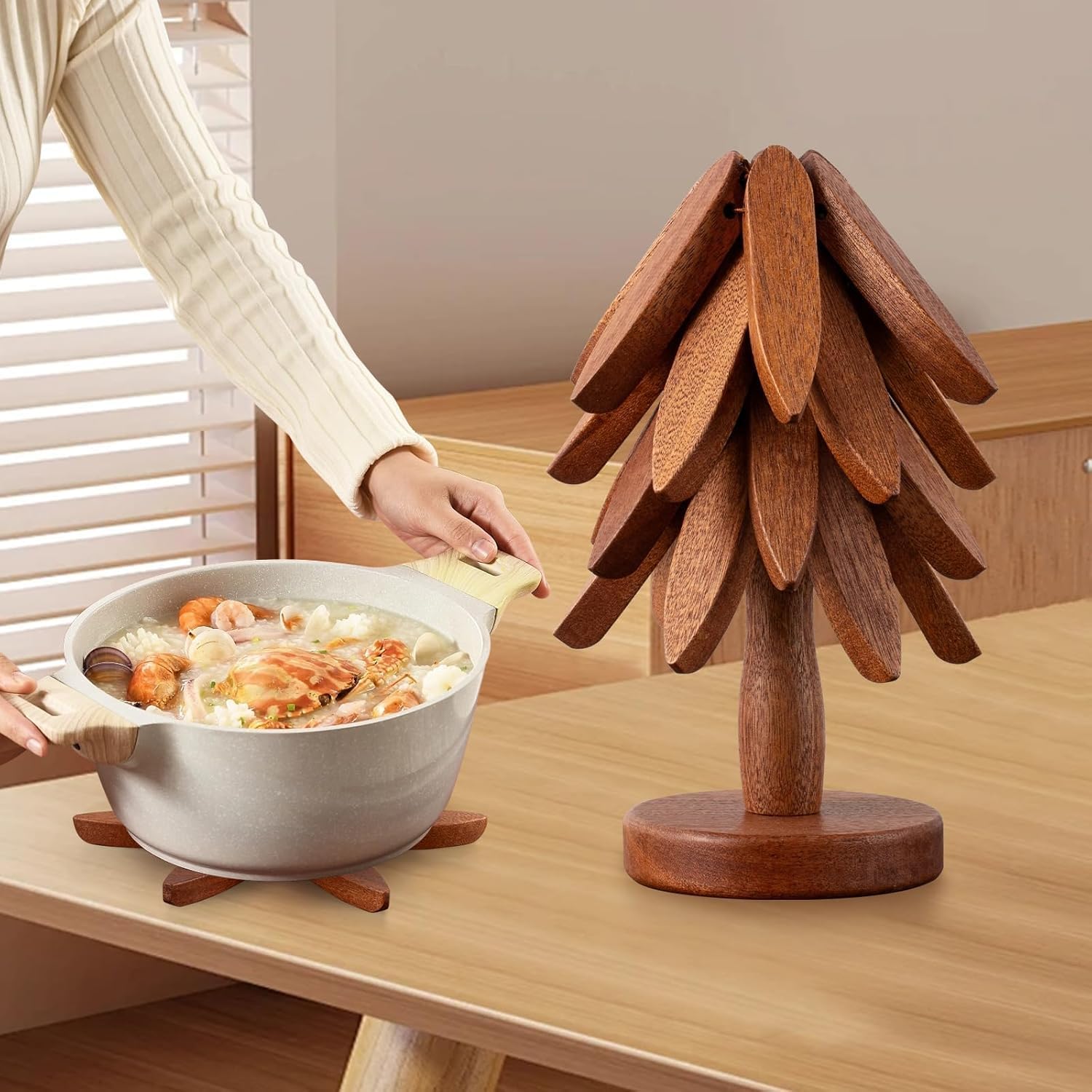 Wooden Trivets for Hot Dishes， Tree Shape Trivet Set,Trivets for Hot Dishes - 4 Wooden Trivets + 1 Stand stored Like a Christmas Tree (Walnut Wood) (Walnut Wood)