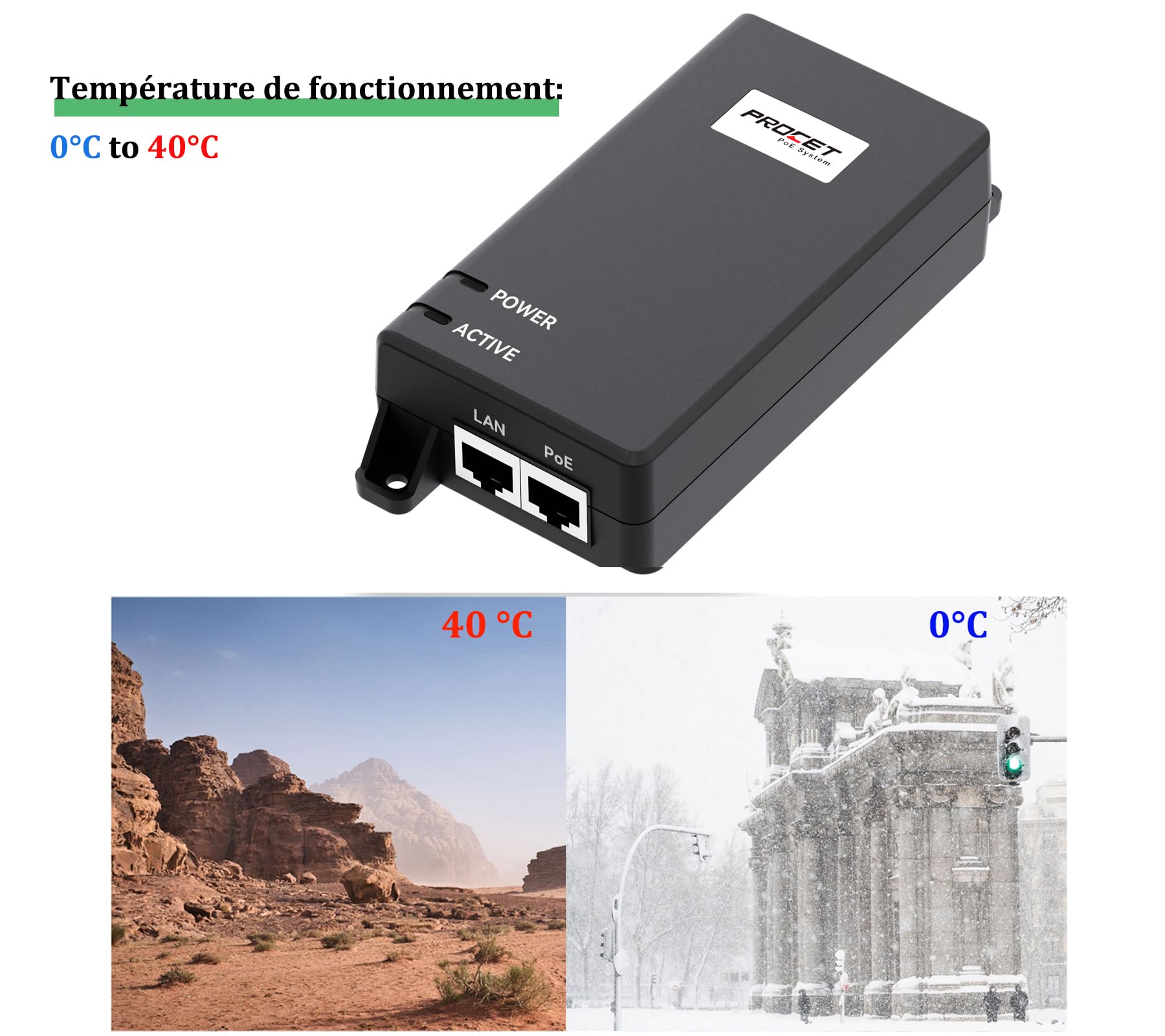 PROCET Injecteur PoE 60 W 10 Gigabit, injecteur de Puissance PoE++, Alimentation PoE pour caméra IP HD/AP sans Fil
