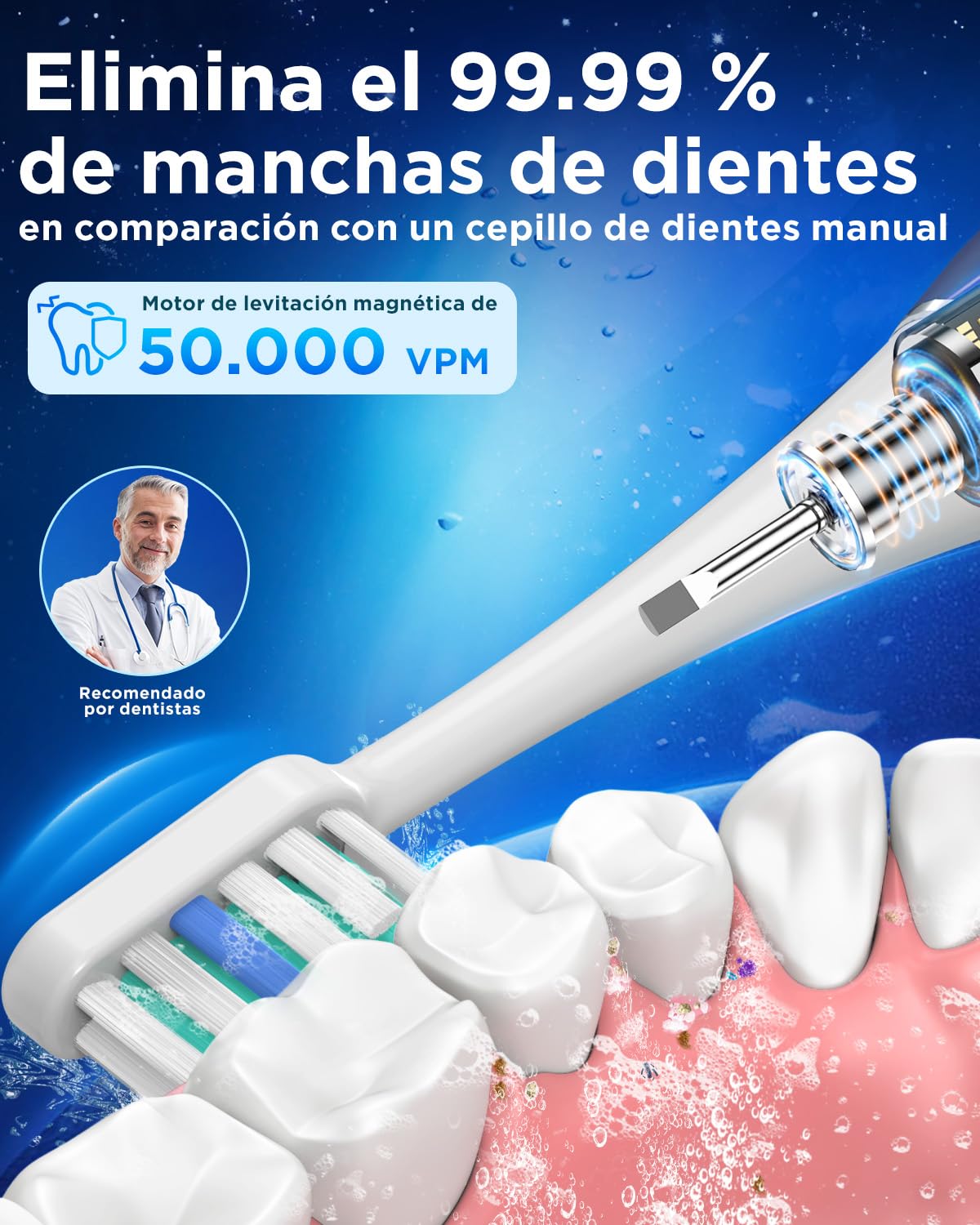 Cepillo de Dientes Eléctrico Sónico Hombres con 8 Cabezales - Cepillo Eléctrico Adultos con 5 Modos, Estuche de Viaje, 3 Meses de Autonomía, Cepillo Dientes Electrico Viaje Recargable, Blanco y Azul