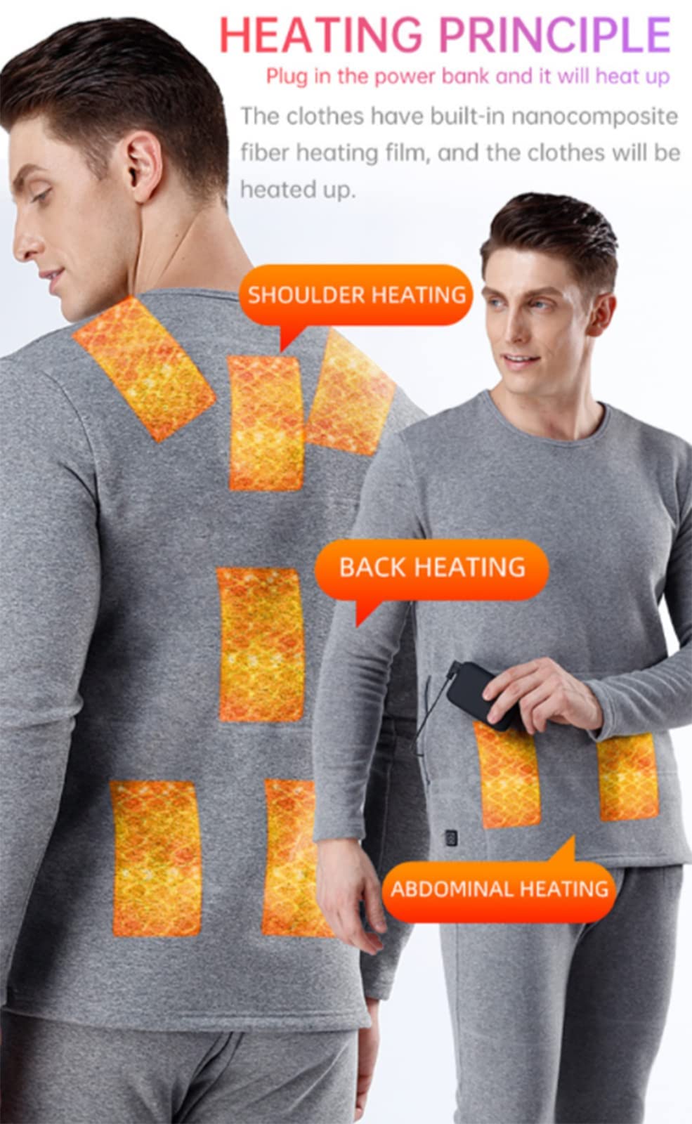Intimo Termico Set Di Biancheria Intima Riscaldata per Uomo, Ricarica Usb Riscaldamento 3 Zona Temperatura Regolabile Abbigliamento Termico Top + Pantalone Riscaldato/Black/M