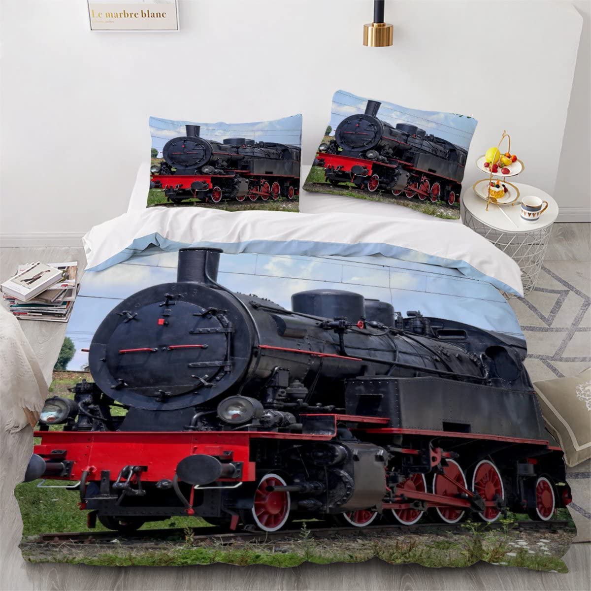 Duvet Cover double Steam Train 3d Printed Colorful Quilt Cover with Zipper Closure and Pillowcase Retro Locomotive Bedspread Cover Ultra Soft Microfiber Bedding Set for Children Adult