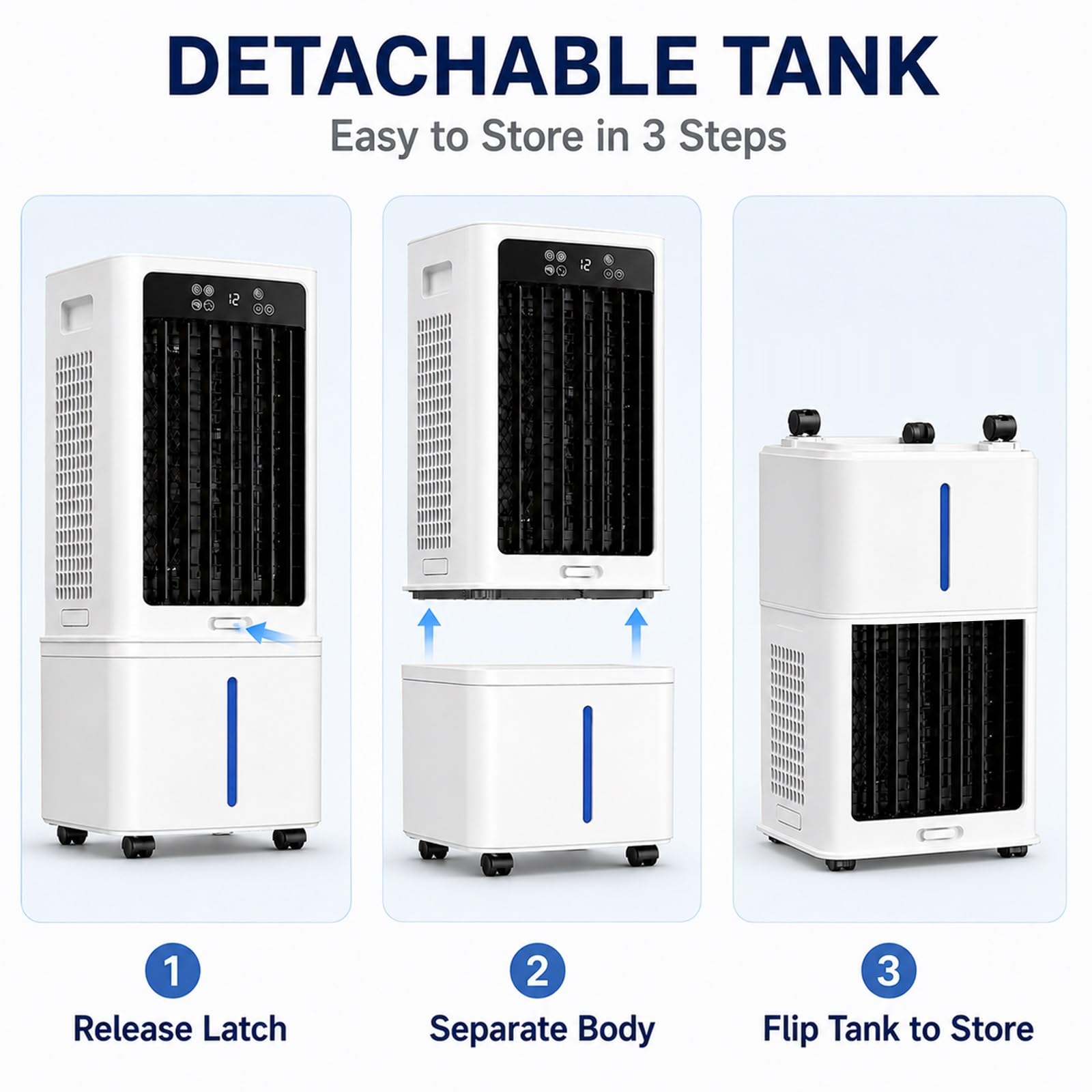 Climatizador Evaporativo Portátil para Hogar, Enfriador de Aire con Ventilador, Depósito de Agua Extraíble, 6 Acumuladores de Frío, Temporizador 12H