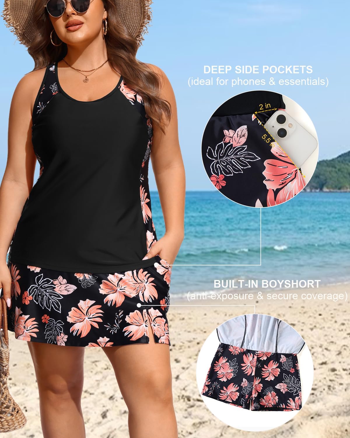 Daci Women Plus Size 3 Piece Tankini Swimsuits with Pockets Skirts