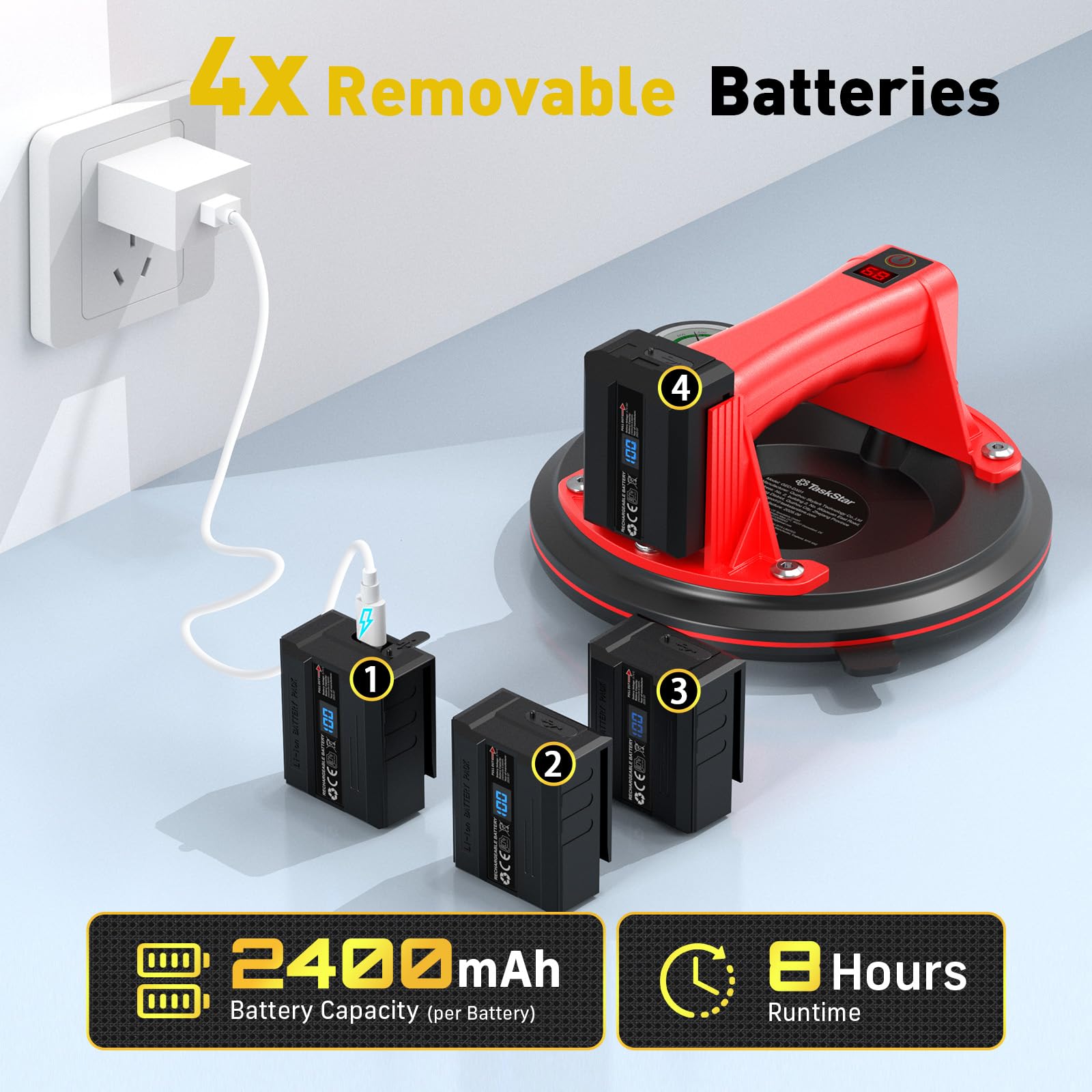 Ventosa per Piastrelle con Manometro, Ventosa Elettrica per Vetro-270KG di Aspirazione-Batteria da 4 x 2400mAh-Ventosa per Sollevamento Vetro, Granito, Piastrelle, Metallo (Rosso)