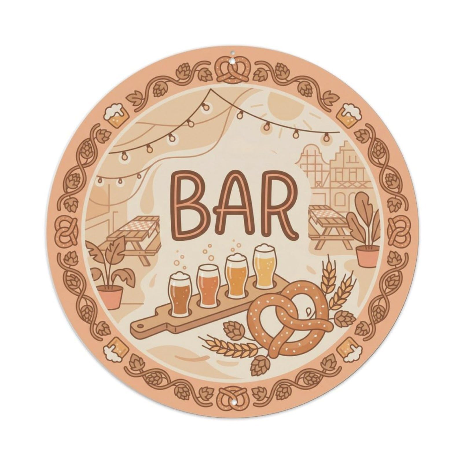 BAR Peach Brewery Shield Metal Tin Sign Plaque Wall Decor for Cafe, Club Bar, Office, Home Garden Round Metal Poster 8x8Inch