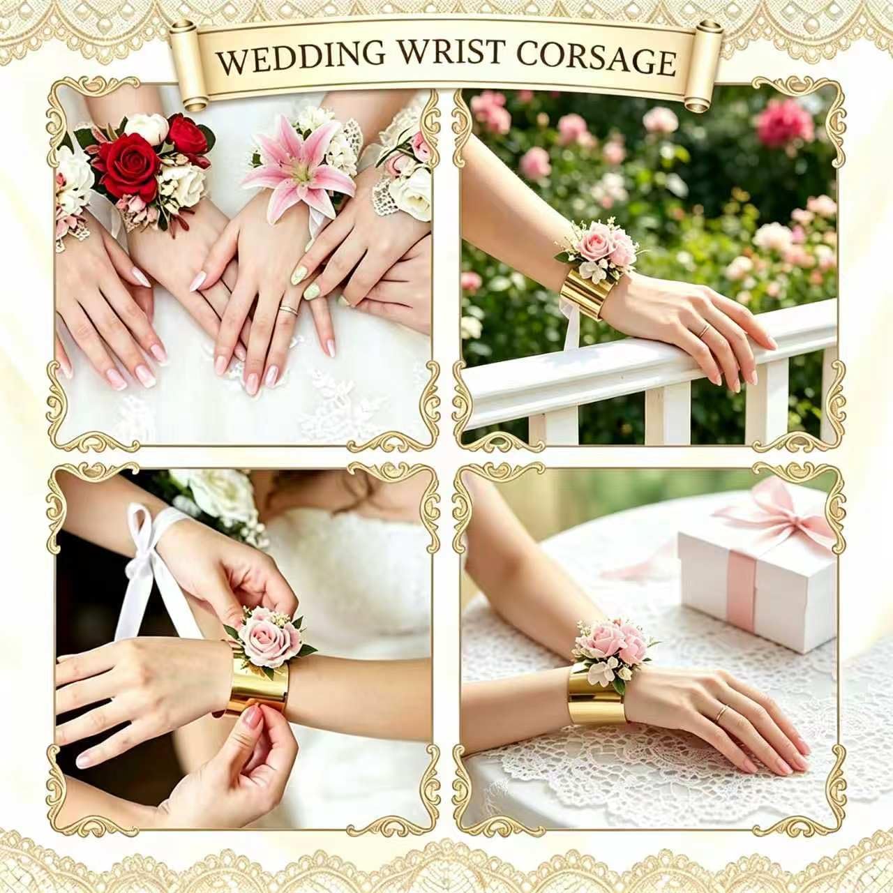 6 Pcs Gold Corsage Cuff Bracelets Bulk for Wedding Prom, Adjustable Metal Wristlet Band Base with Smooth Curved Edge, Wide Open Bangle for Florists DIY Flower Making, Comfort Fit