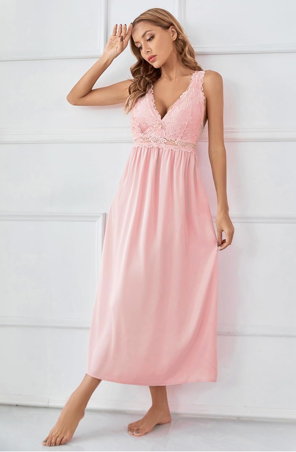 Mist Azur Womens Sexy Lace Long Lingerie Mesh Chemise V Neck Babydoll Nightdress with Thong Nightgown for Women - Image 5