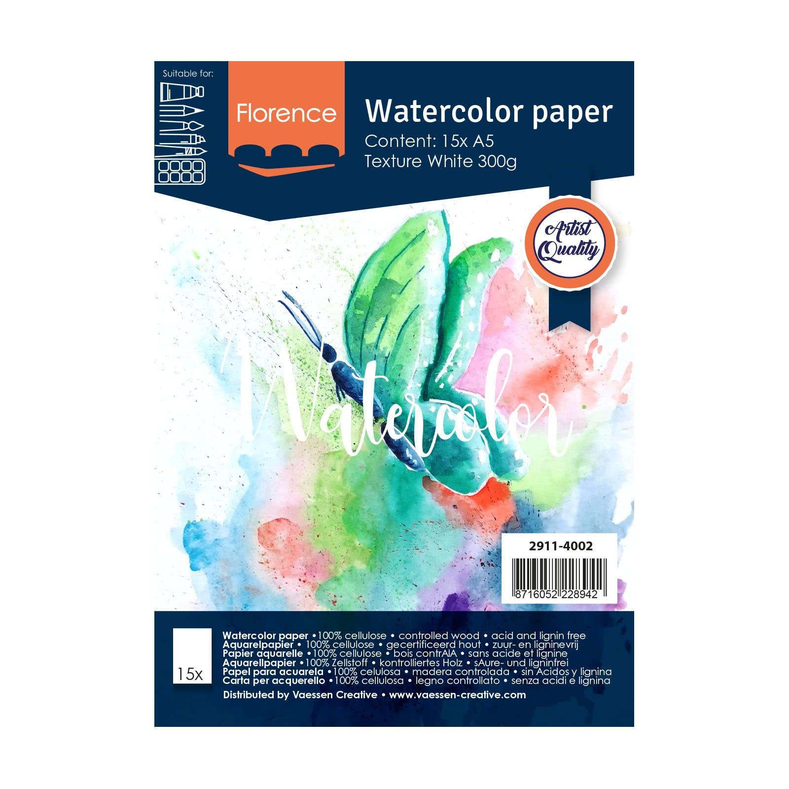 Vaessen Creative Florence Watercolour Paper A5, White, 300 GSM, Artist Grade Quality, Textured Surface, 15 Sheets for Painting, Handlettering, Art Projects and More
