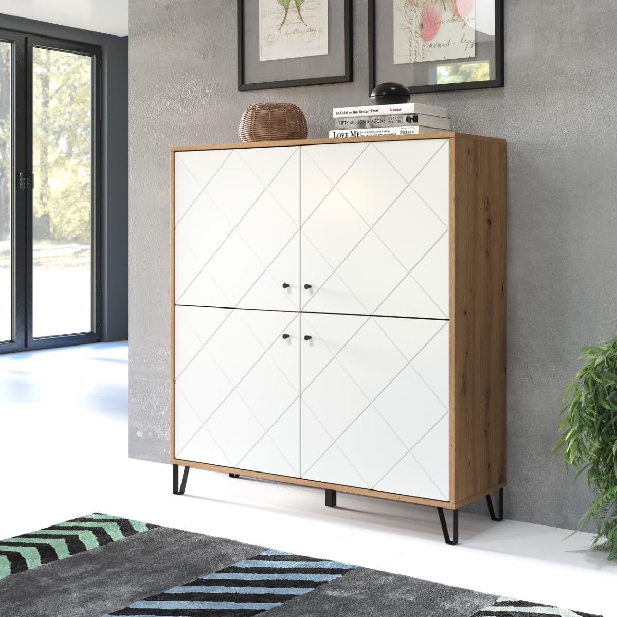 trendteam smart living - Touch - Sideboard - Weiß/Eiche - Highboard mit 4 Türen und 3 Einlegeböden - Fronten mit dekorativer Fräsung - (BxHxT) 123 x 136 x 40 cm - extravagante schwarze Metallfüße