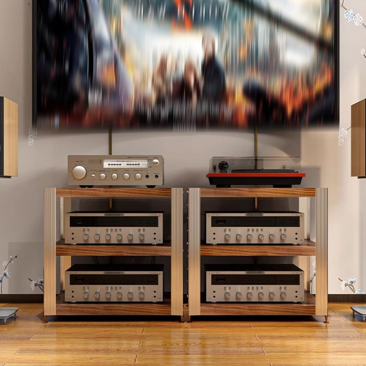 2/3/4-Tier Media Stand, Audio Rack with Adjustable Hole, Media Storage Cabinet, Open Storage TV Stand, for Living, Office/DJ/Theater(Walnut Color,57.5cm/22.6in)