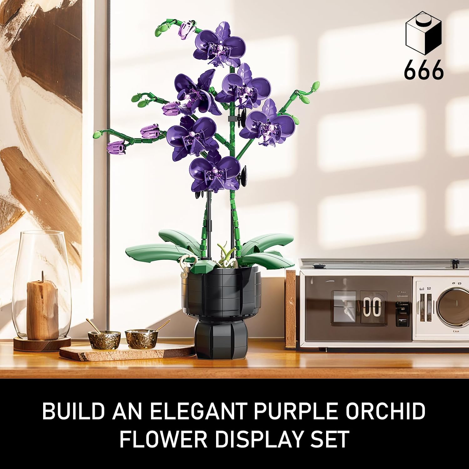 Purple Orchid Flowers Bouquet Building Set - Fake Phalaenopsis Artificial Plant for Adults Women - Botanical Collection for Indoor Home Office Table Décor - Gift for Mother's Day & Valentines
