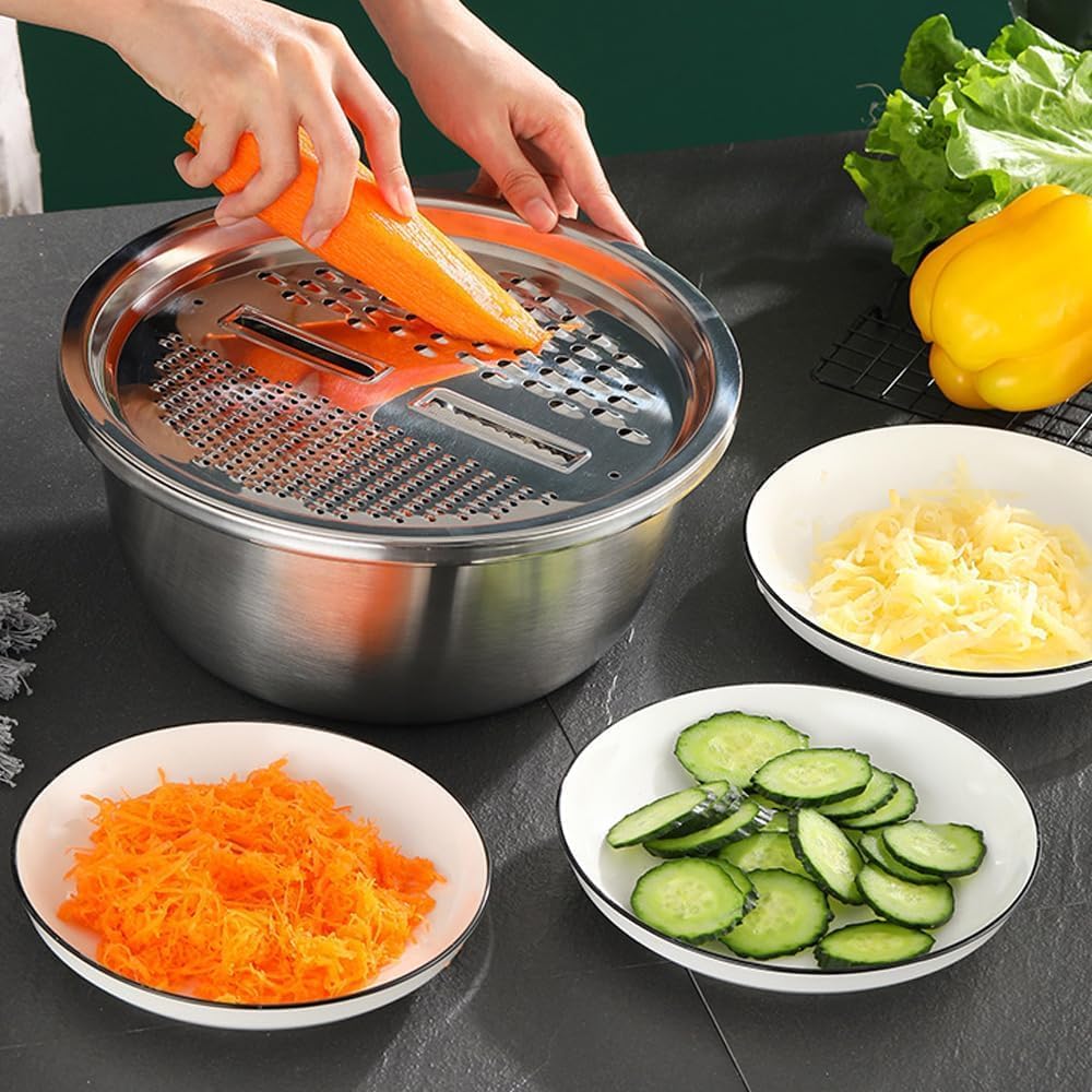 Germany Multifunctional Stainless Steel Basin, 5-in-1 Multifunction Stainless Steel Shredding & Drainage Chopping Basin, Kitchen Vegetable Salad Spinner with Grater, Strainer & Drain Basket (11.81in)