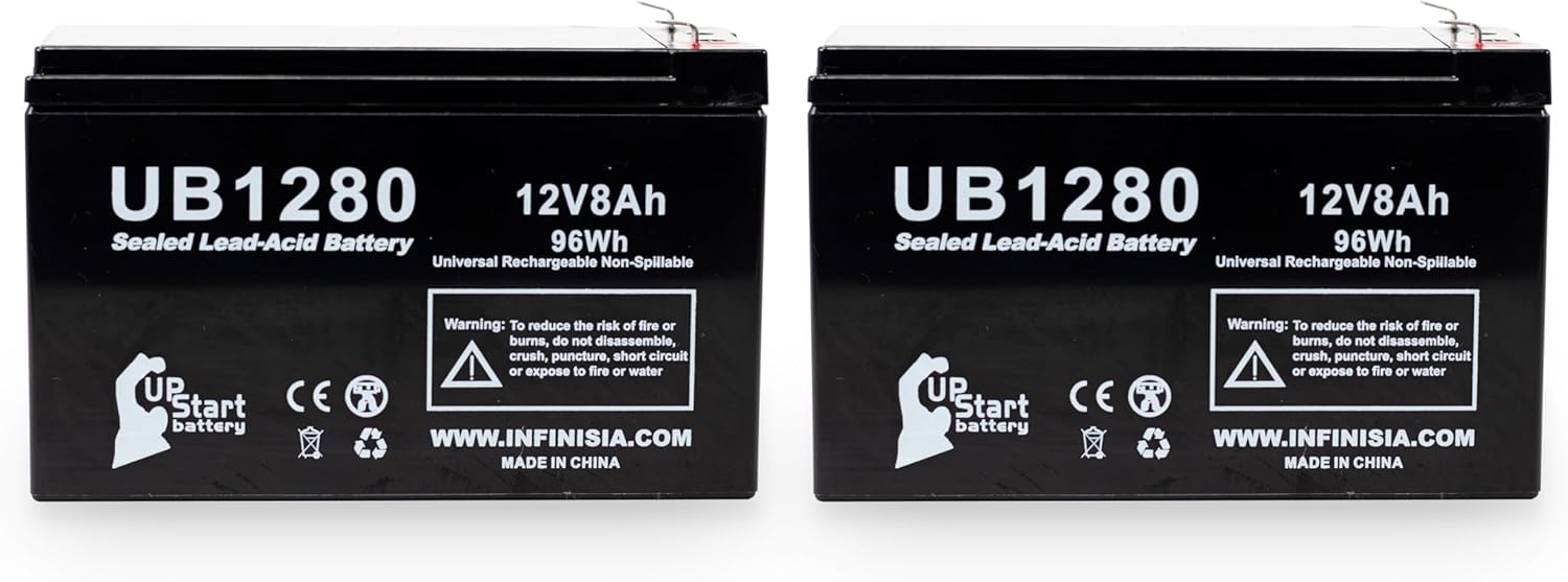 2x Pack - Replacement for Kung Long WP7.2-12 Battery - Compatible UB1280 Universal Sealed Lead Acid Battery (12V 8Ah 8000mAh F1 Terminal AGM SLA) - Includes 4 F1 to F2 Terminal Adapters