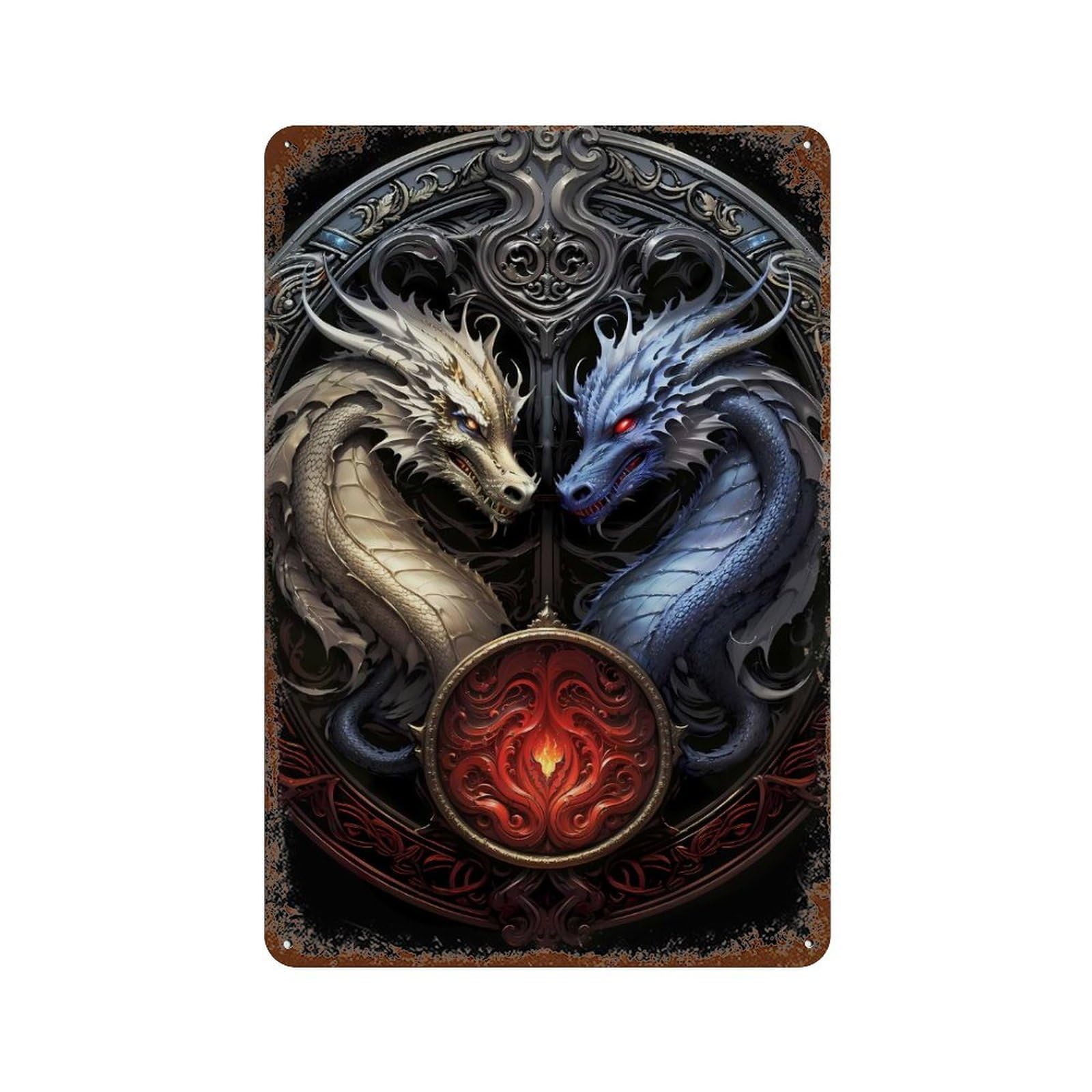 Twin Dragon Art Deco Rust Effect Tin Sign 11.8"x7.9", Industrial Home Decor for Garage, Pub Or Kitchen
