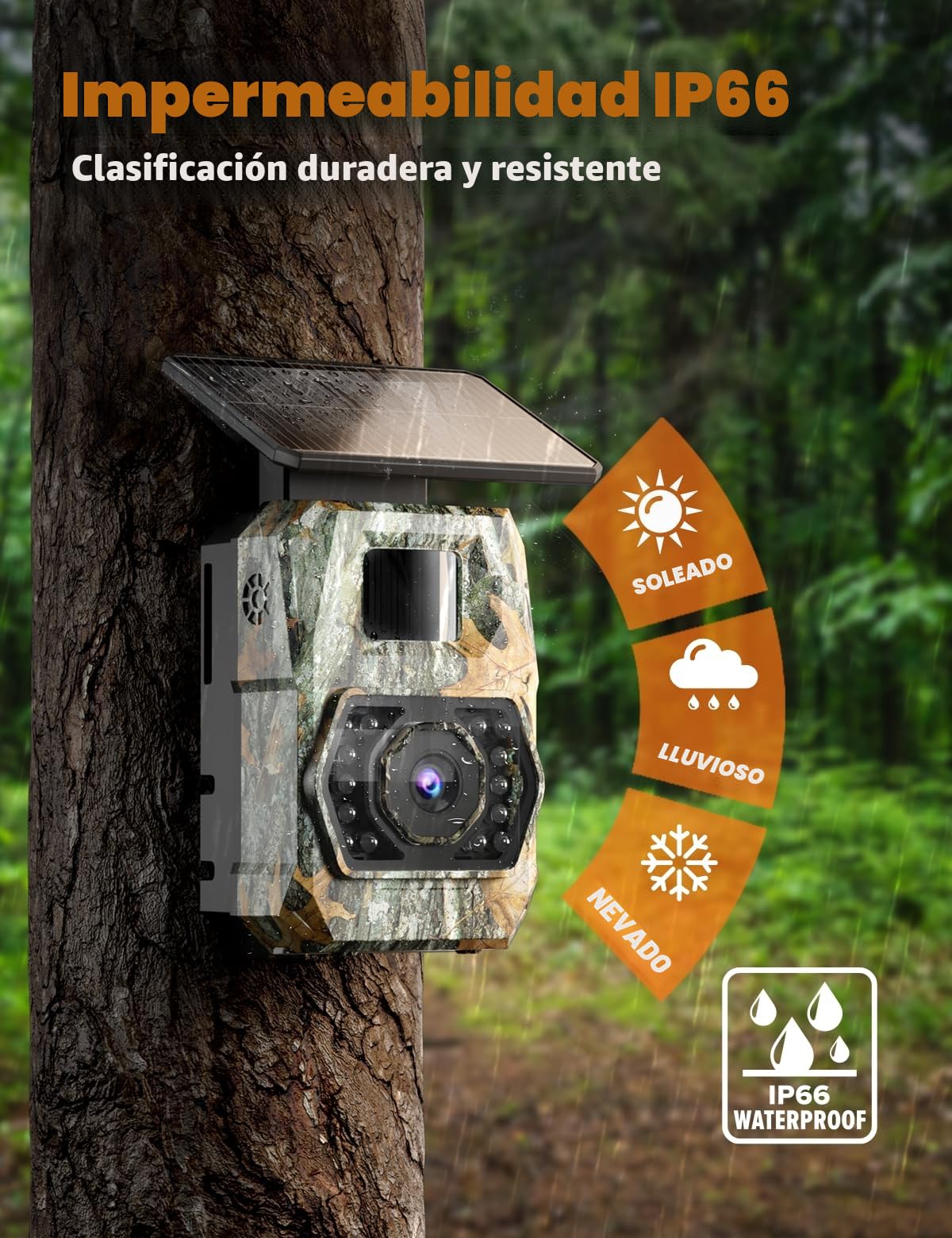 Cámara de Caza Solar WiFi 4K 60MP con Batería Recargable de 5200 mAh, Camara Fototrampeo con Visión Nocturna, 0.1s Tiempo de Activación, IP66, Observación de Animales, con Tarjeta SD de 32GB