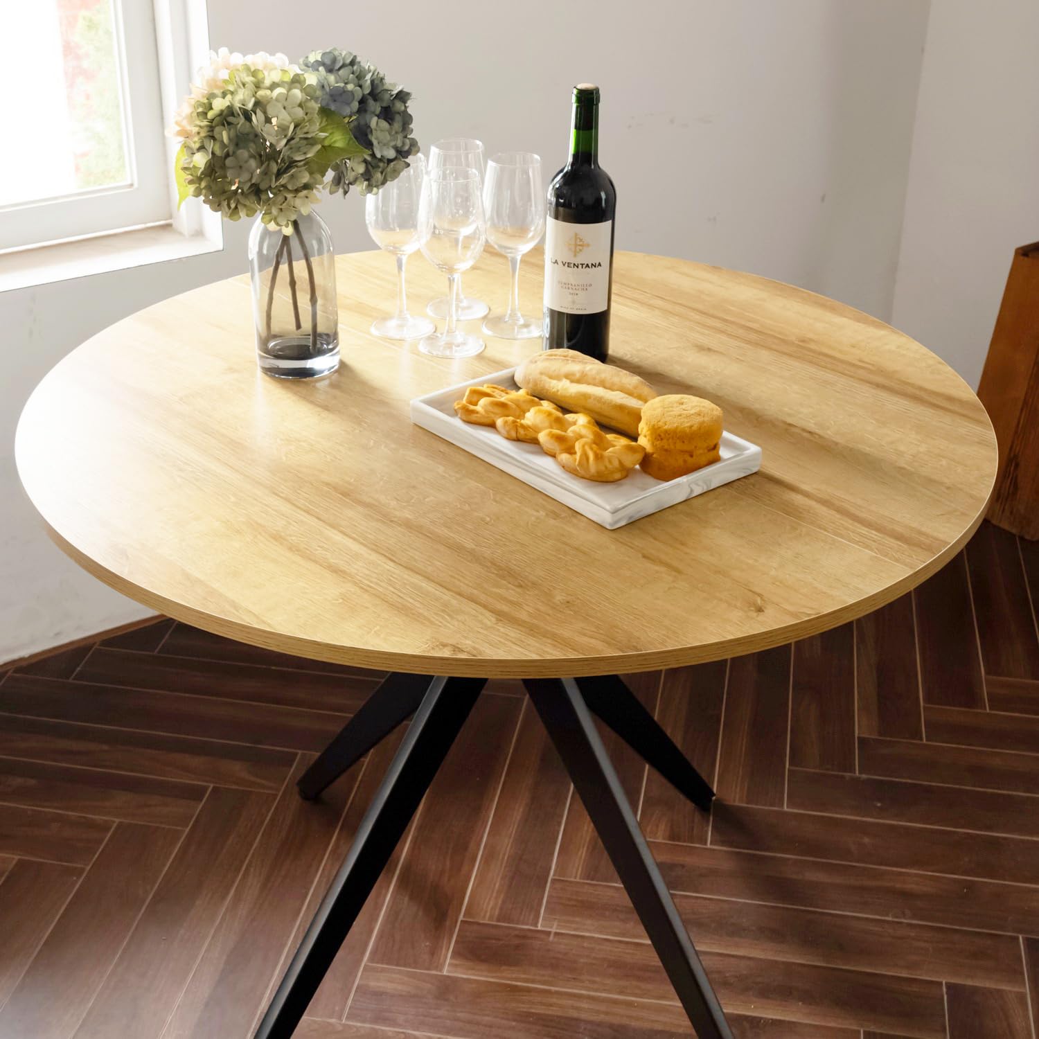 MEUBLE Cosy Runder Esstisch Klein Tisch Küchentisch Esszimmertisch 4 Personen für Küche, Wohnzimmer, Büro, 100x100x75cm, Eiche + Schwarz