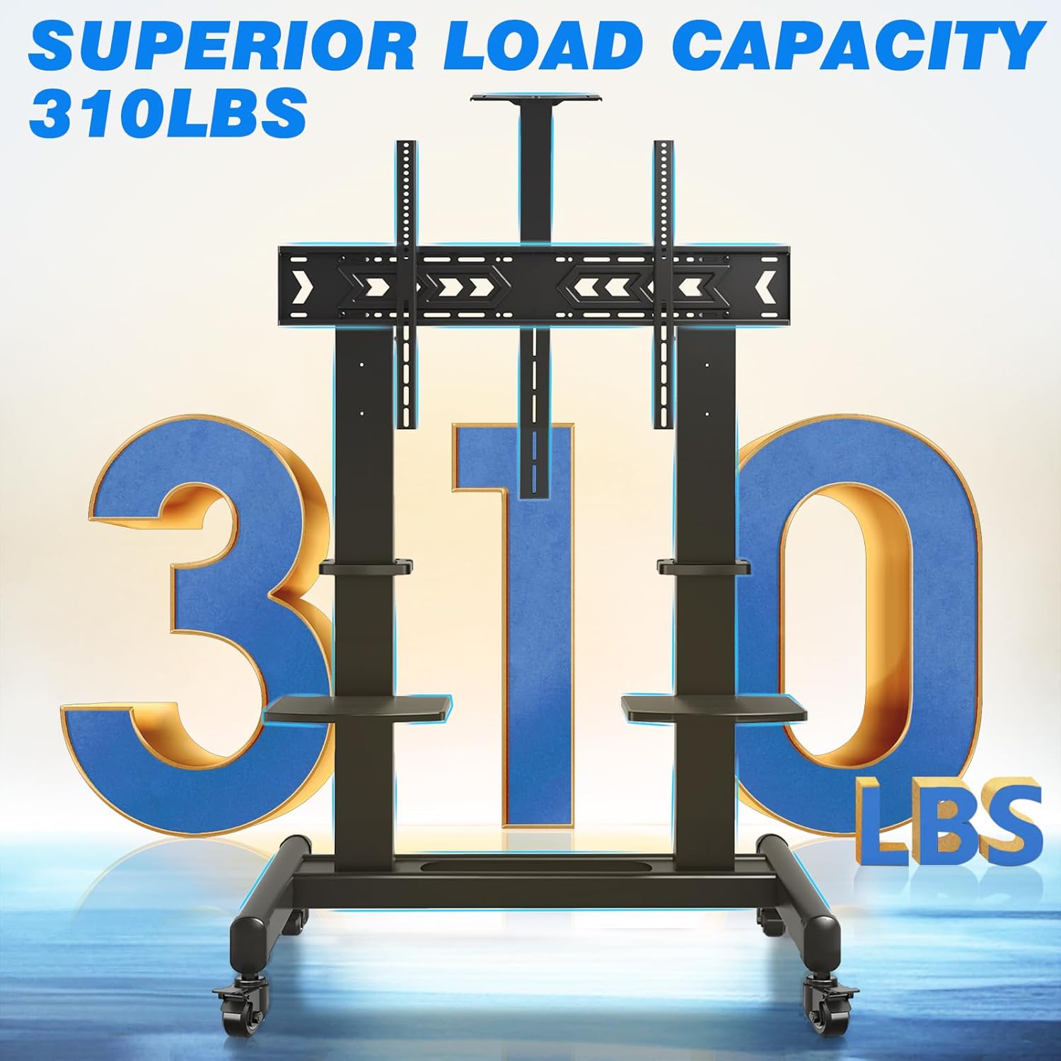 Image showing the Rfiver Mobile TV Cart with a large '310 LBS' text, indicating its superior load capacity.