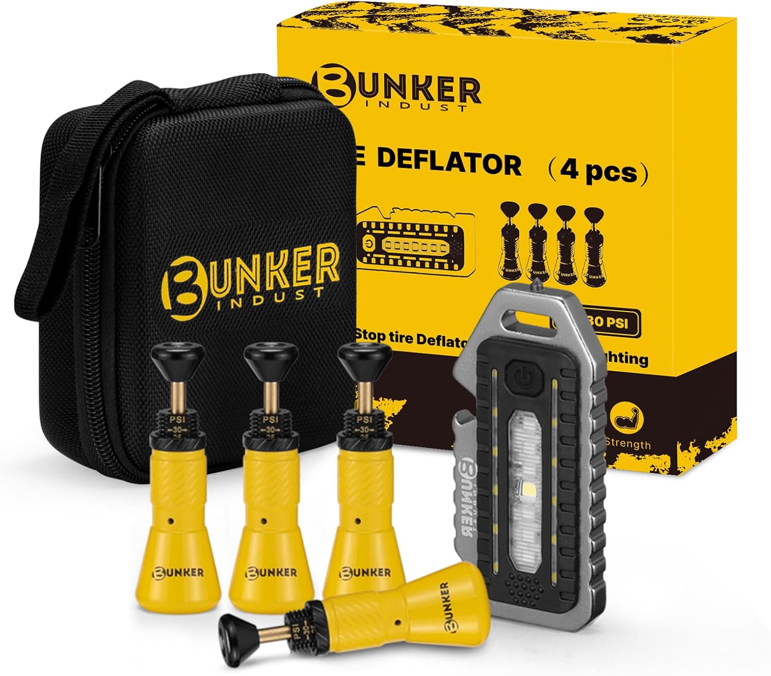 BUNKER INDUST Adjustable Auto-Stop Tire Deflator Valve Kit (10-30 PSI),4 PCS Tire Air Down Tool Offroad 4x4 Accessories with Storage Pouch, Rotate Detach, Scales Precise, for Car Trucks RVs UTVs