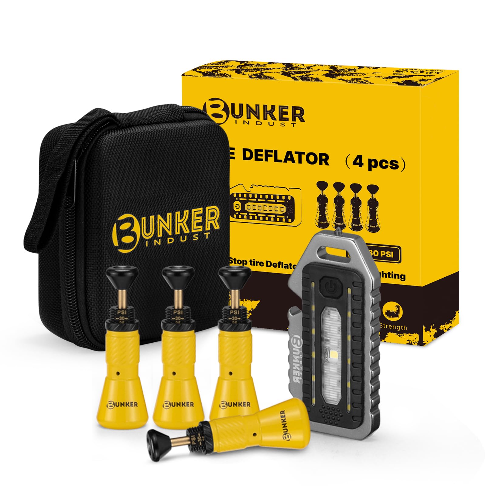 BUNKER INDUST Adjustable Auto-Stop Offroad Tire Air Deflator Kit, 4 PCS Tire Air Down Valve(10-30 PSI) / 1 PCS Multifunctional LED Light Features Safety Whistle and Bottle Opener/Carrying Case