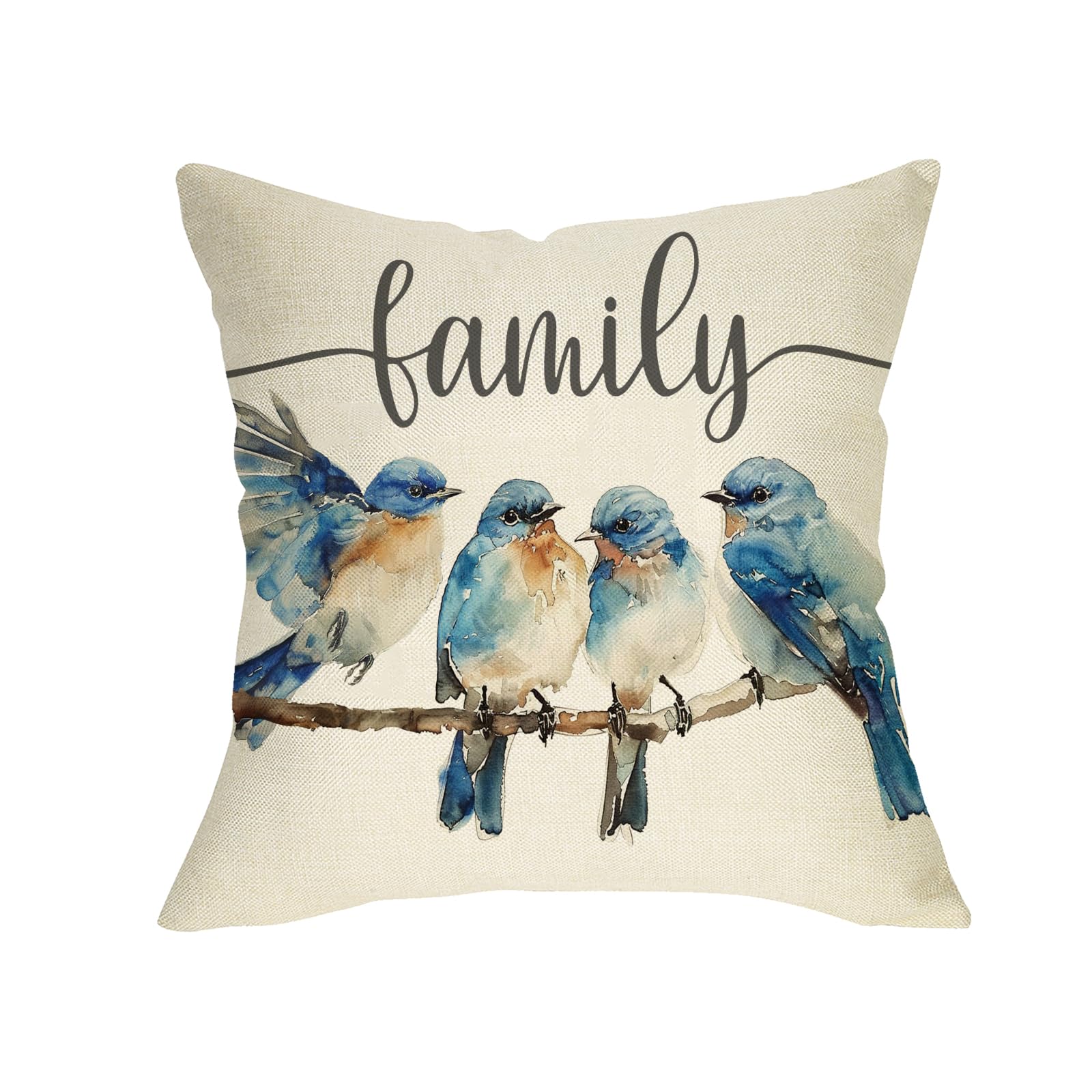 Fjfz Family Bluebird Decorative Throw Pillow Cover 18 x 18 Watercolor Blue Jay Branch Porch Outdoor Home Decor