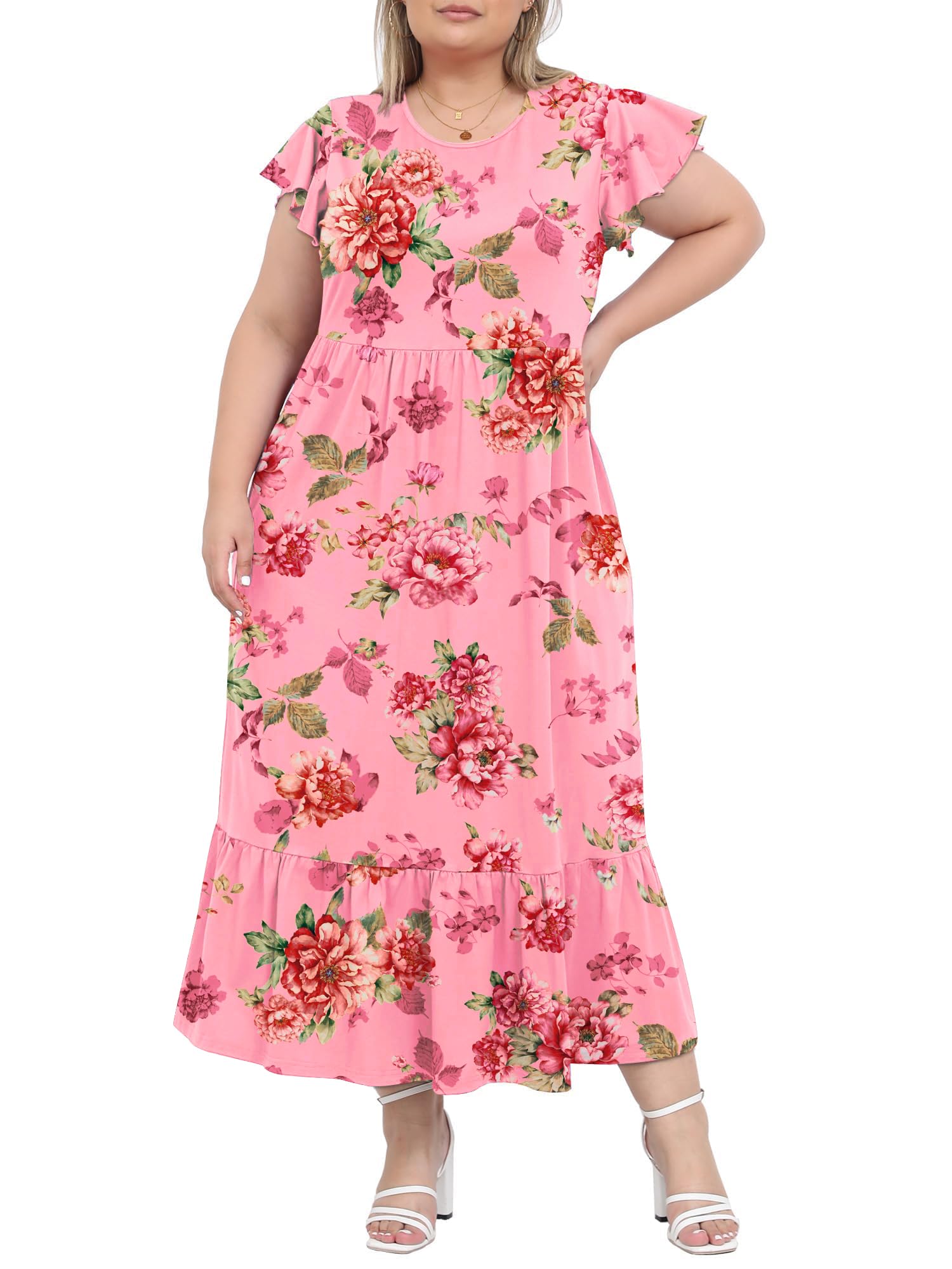 Moon Wood Damen Sommerkleid Kurzarm Rundhals Kleider Elegant Maxikleid Locker Strandkleid mit Taschen Große Größen