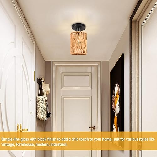 Miniatura 3 de Lámpara de techo estilo bohemio, mini lámpara de araña de ratán con bombilla LED regulable, lámparas de techo tejidas a mano, montaje empotrado para