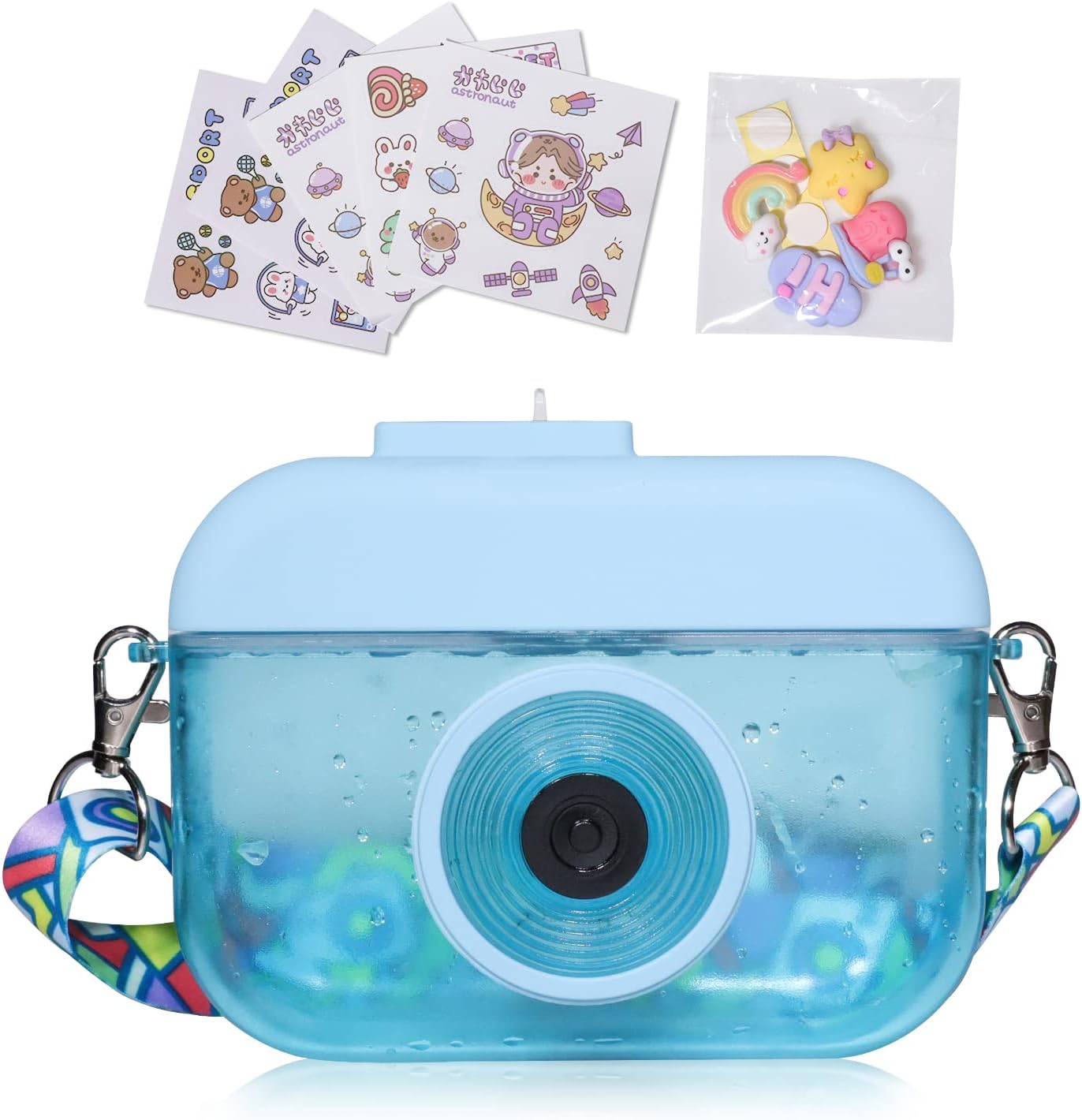 Girls Kawaii Water Bottle with Straw,400ml Cute Water Bottle With Stickers, Kids Camera Shape Water Bottle for School with Adjustable Shoulder Strap for Juice(Blue)