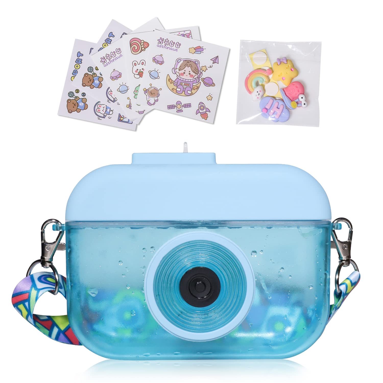 Girls Kawaii Water Bottle with Straw,400ml Cute Water Bottle With Stickers, Kids Camera Shape Water Bottle for School with Adjustable Shoulder Strap for Juice(Blue)