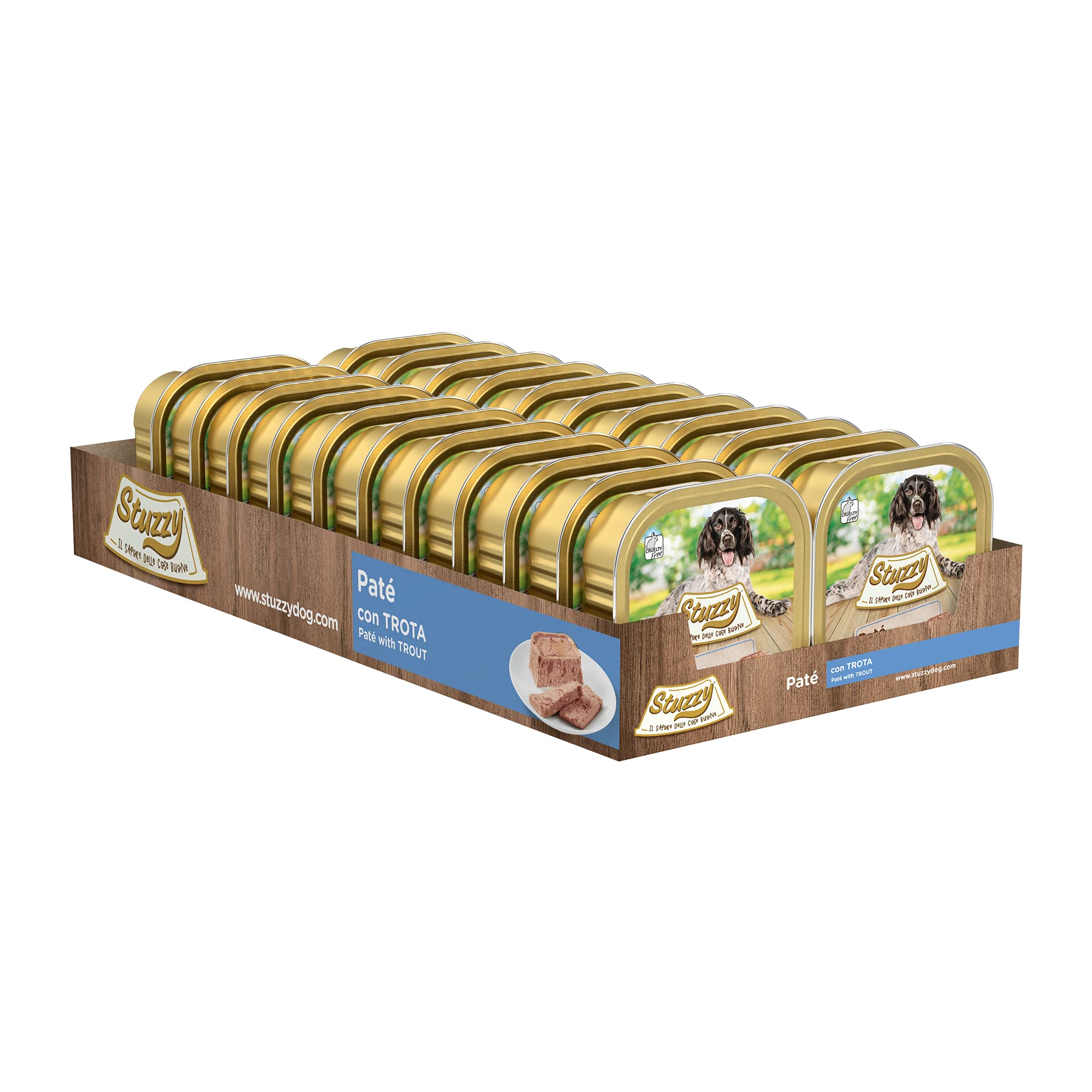 Mister Stuzzy, Comida húmeda para Perros Adultos, Sabor Trucha, paté y Carne en trozos - Total 3,3 kg (22 tarrinas x 150 gr)