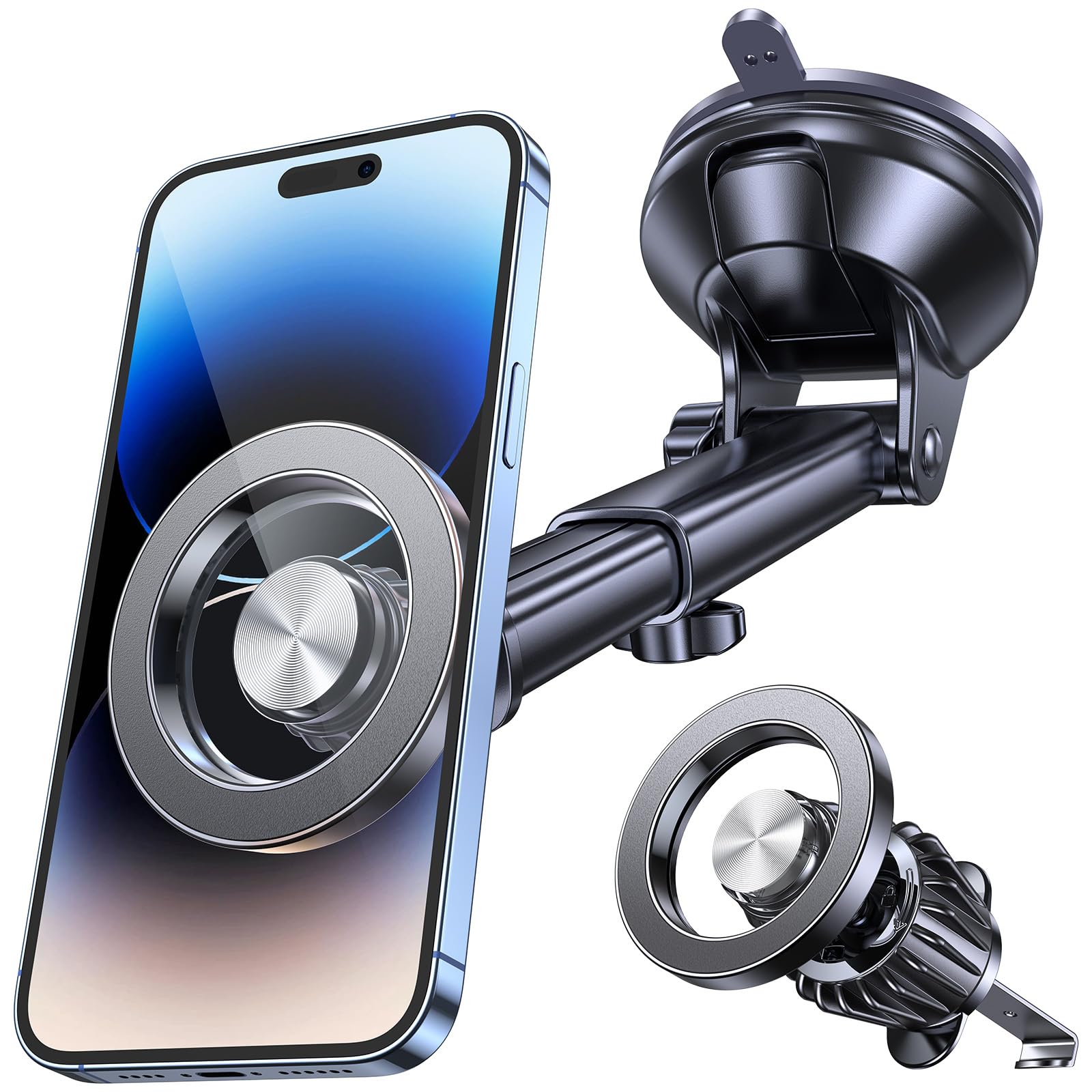 Coolpow Support magnétique pour téléphone Portable avec Ventouse sous Vide, Ventouse Extra Forte, Support pour téléphone Portable Magsafe réglable à 360° Noir [adhésif + Vide]