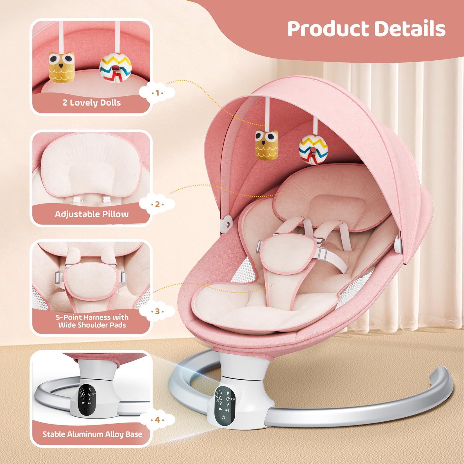 Transat Bebe Electrique,Helangel Transat Balancelle Bebe Electrique avec Télécommande et Wireless Balancelle avec Harnais de sécurité 5 Points pour enfants jusqu’à 9 kg