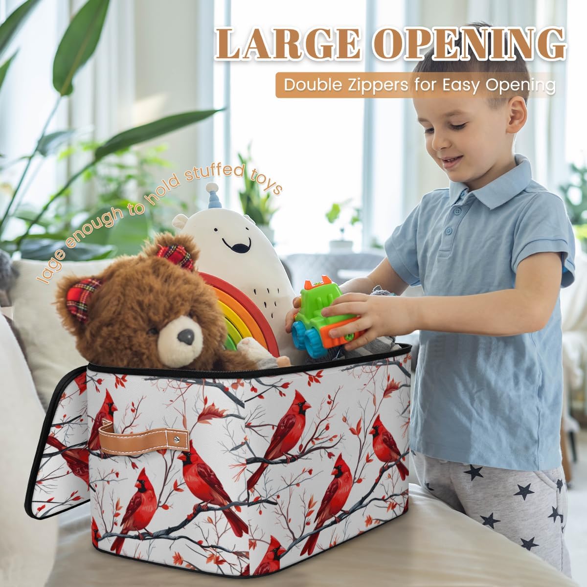 Storage Bin Set of 2 Cardinal Birds Branch Storage Basket with Zipper Lid & Handle Foldable Closet Shelf 2 Pack Cloth Organizer Basket Cube Bins Clothes Organizer for Bedroom, Nursery
