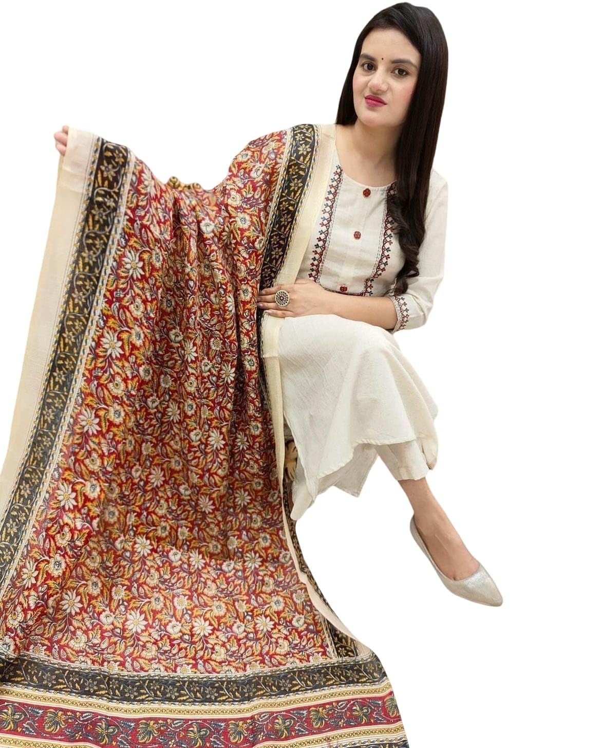 Women's Straight Kurta Set with Bhagalpuri Khadi Print Dupatta, Cream, Embroidered, 3-Piece Ethnic Wear