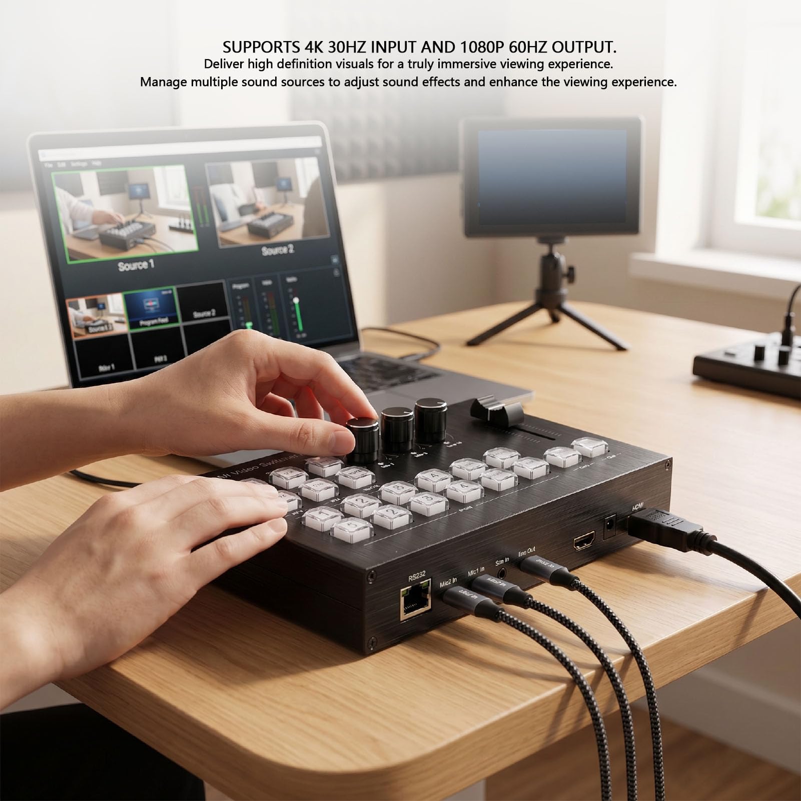 Switcher Video a 4 Ingressi e 2 Uscite, Anteprima del Segnale HD 4K Mixer per Streaming Live Mixing Audio Multicanale per Registrazione Live di Trasmissioni Multiple Mixer (Spina europea)