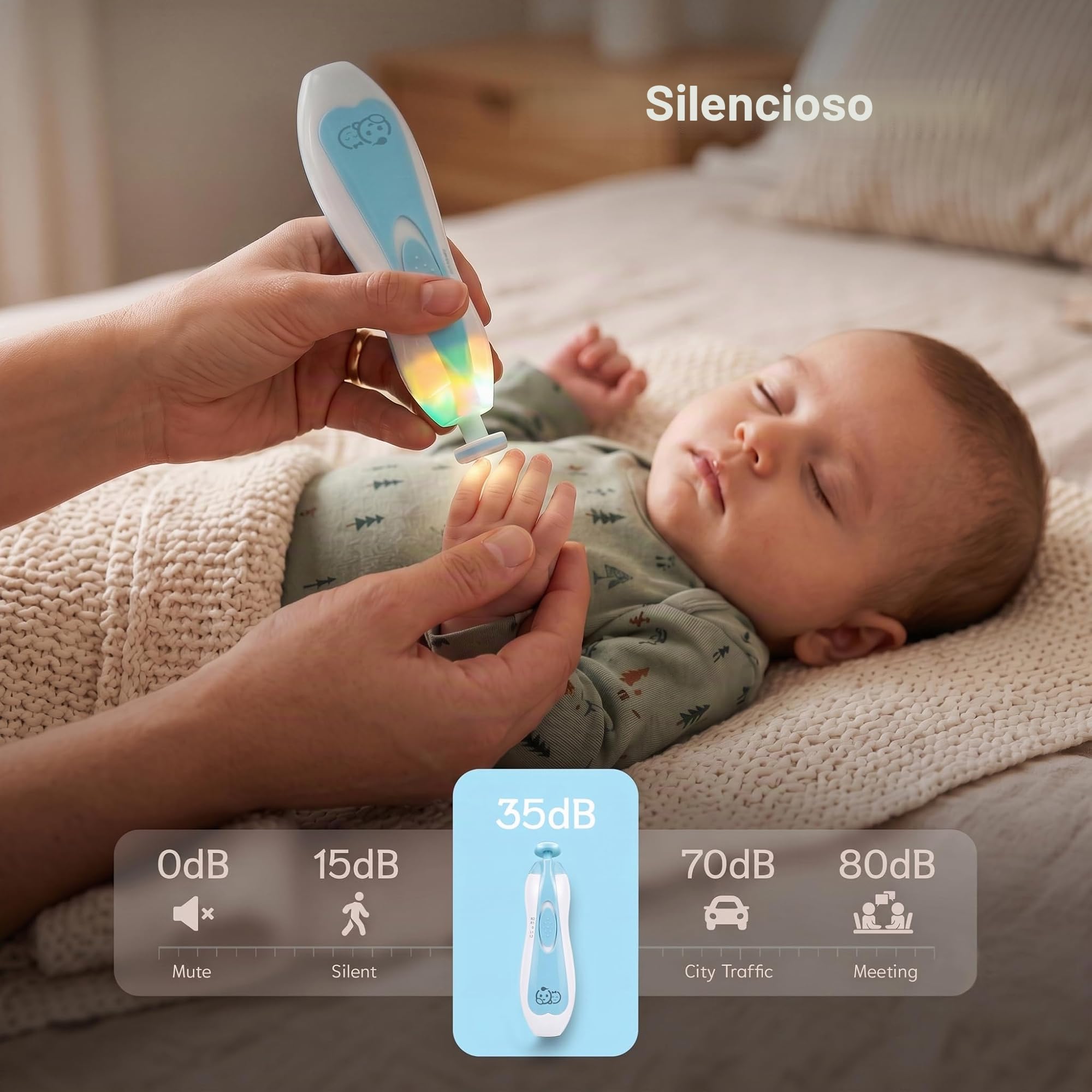 Royal Angels Lima de Uñas Eléctrica para Bebé 21 en 1 con Estuche Rotulado, 13 Almohadillas de Repuesto Extra, Kit de Manicura Seguro para Recién Nacidos y Niños, Cortador Silencioso con Luz LED(azul)