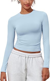 PrettyGuide Womens Cotton Long Sleeve Shirts Tight Fit Basic Y2K Crop Tops