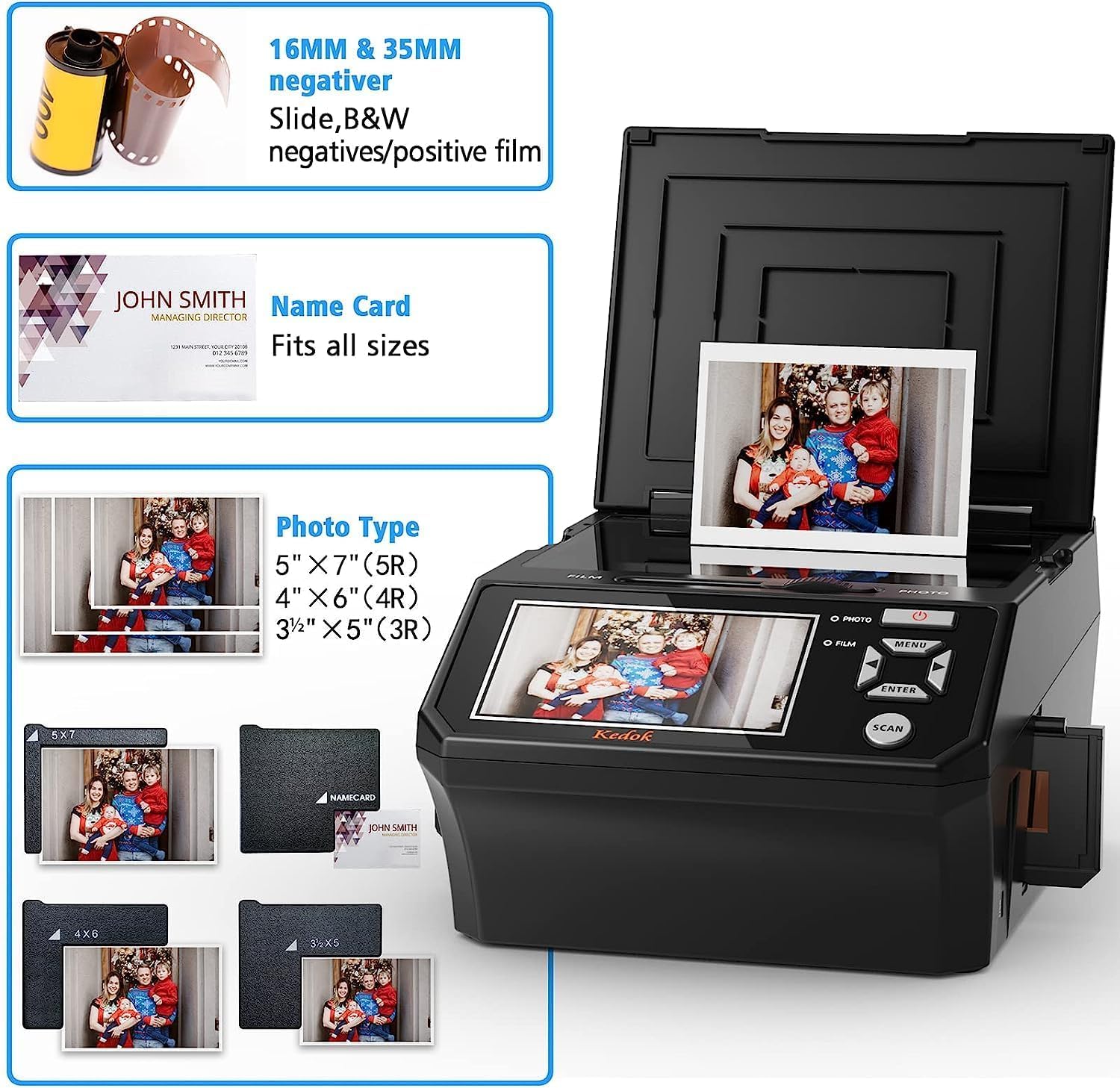 Scanner de Diapositives numérique 22 MP avec écran LCD 5 Pouces - Convertit Facilement des Films/Photos et Cartes de Visite 35 mm, 110 au Format JPEG, Carte mémoire de 8 Go Incluse