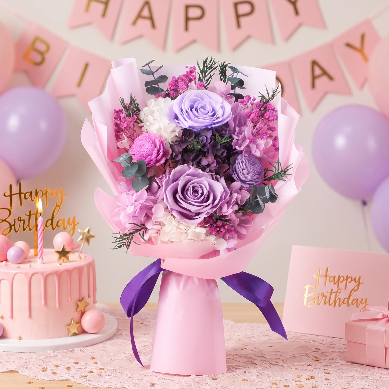 Bouquet de fleurs préservées, bouquet de roses violettes qui durent 3 à 5 ans, fleurs éternelles, fleurs pour livraison Prime, cadeau pour elle, anniversaire, Noël, Saint-Valentin, fête des mères,