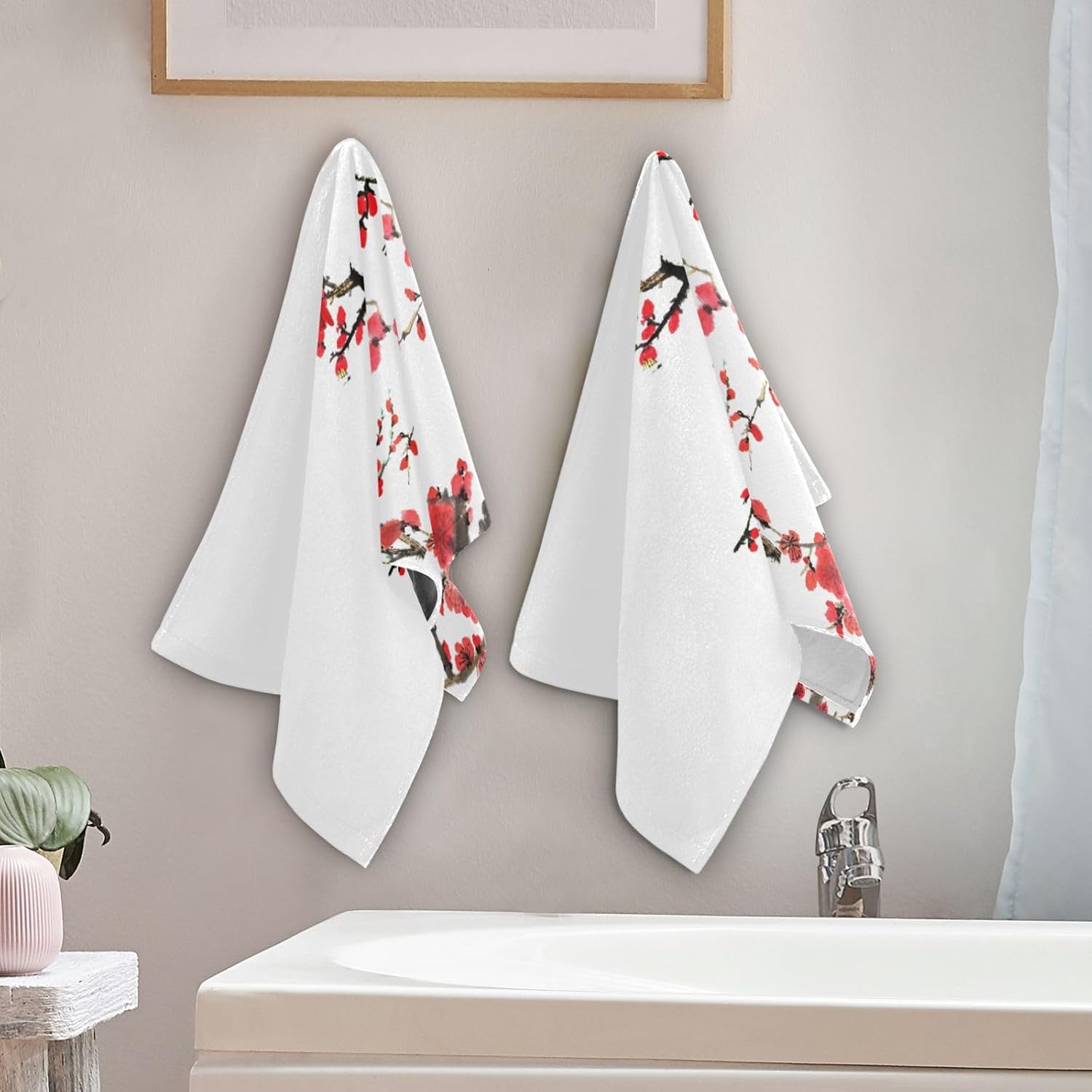 2 Pack Red Cherry Blossom Hand Towels,Microfiber Absorbent Asian Japanese Flower Watercolor Ink Bathroom Towels,Quick Drying Kitchen Towels,Hand Towels for Bathroom,Shower,Guest,Face 14"x28" - Image 3