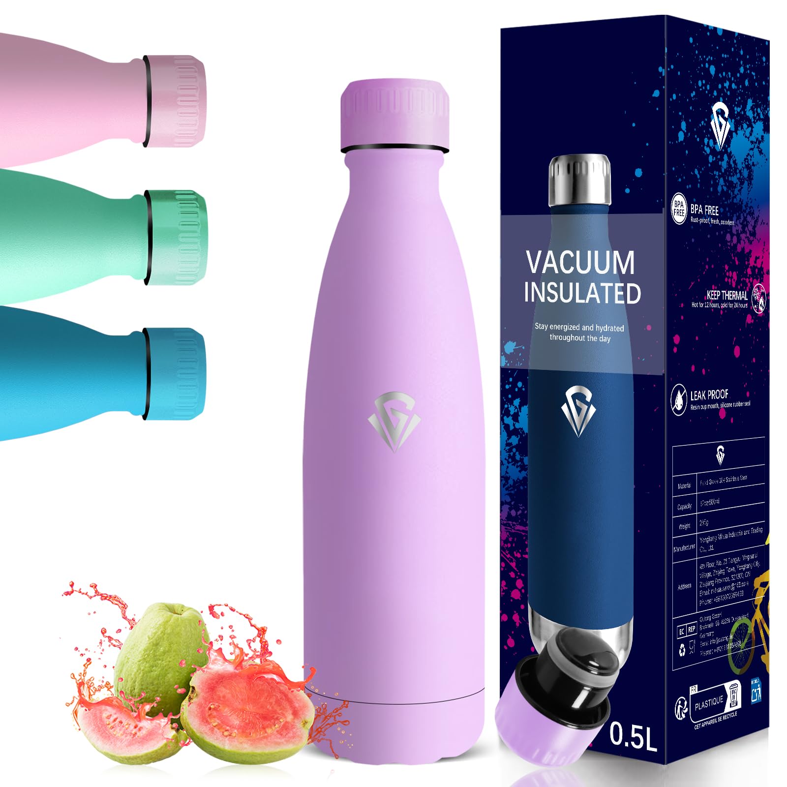 Borraccia Termica, A Prova di Perdite Borraccia 500ml, Isolato Sottovuoto, Riutilizzabile Bottiglia Termiche, Senza BPA Borracce Acciaio Inox per Campeggio, Ciclismo, Scuola